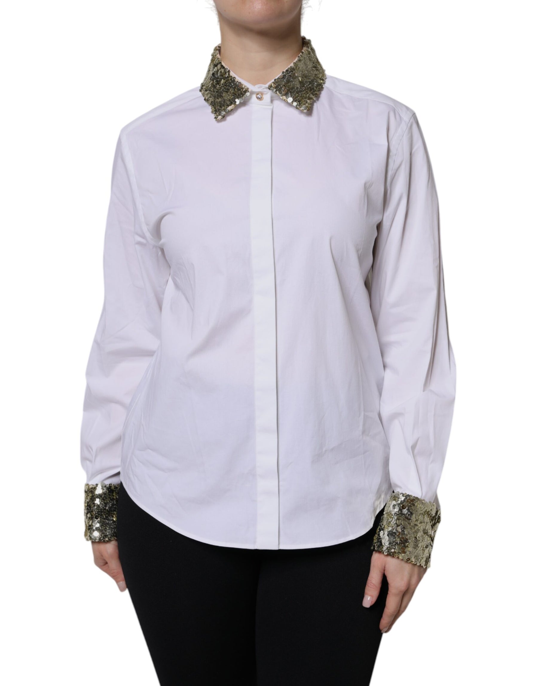 Dolce & Gabbana White Cotton Long Sleeves Sequin Shirt Top | Regal Royce