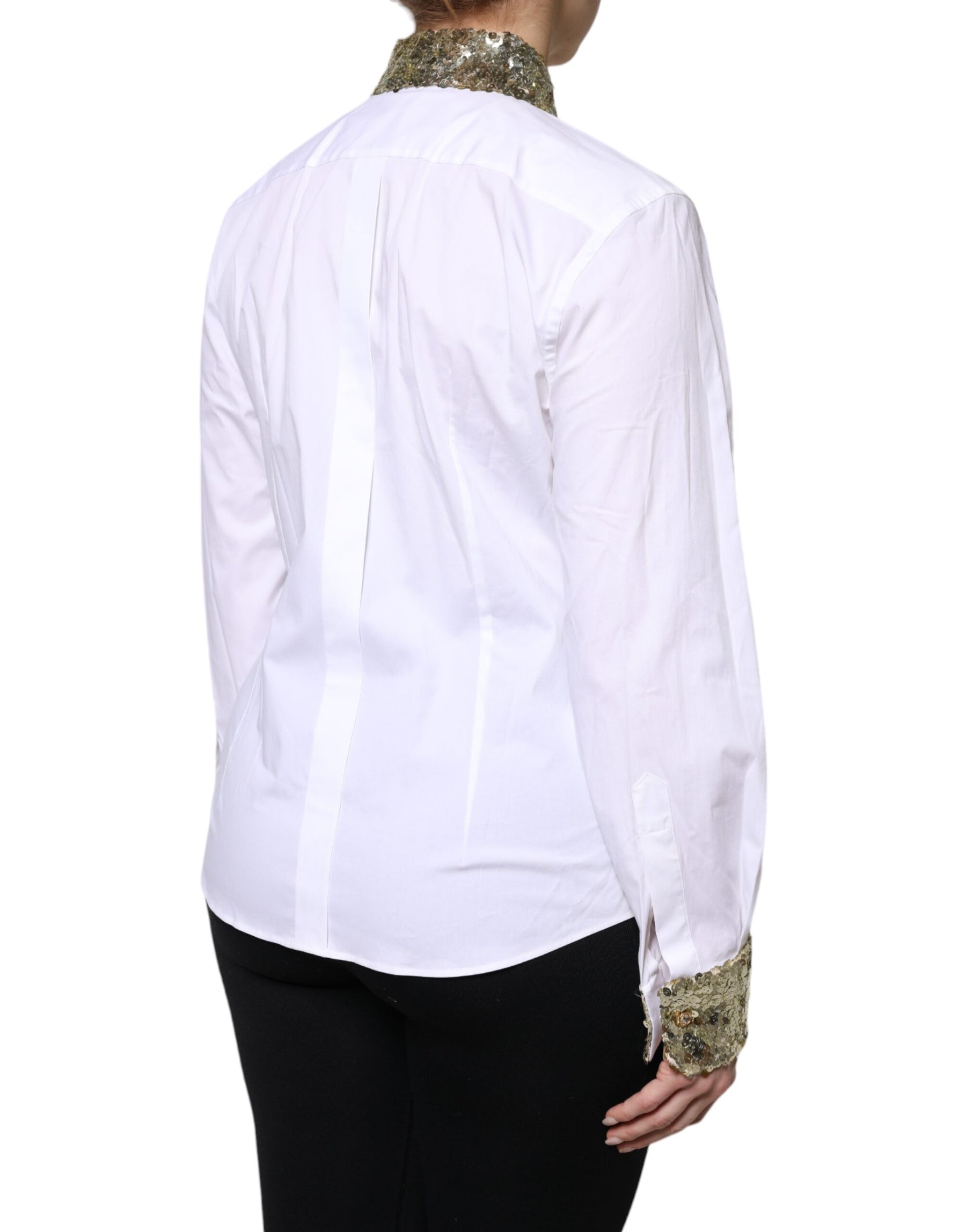 Dolce & Gabbana White Cotton Long Sleeves Sequin Shirt Top | Regal Royce