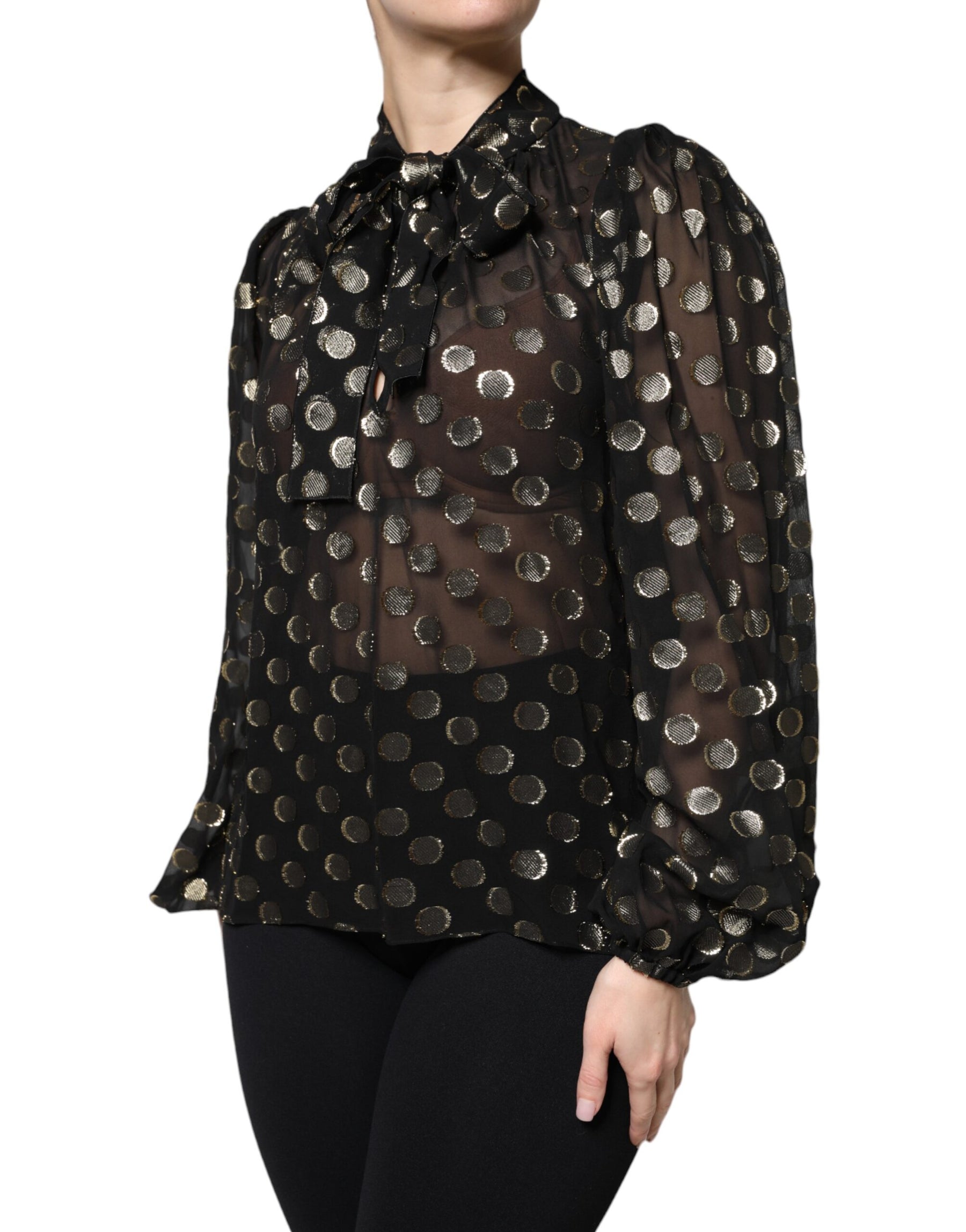 Dolce & Gabbana Black Sheer Tied Neck Polka Dots Blouse Top | Regal Royce