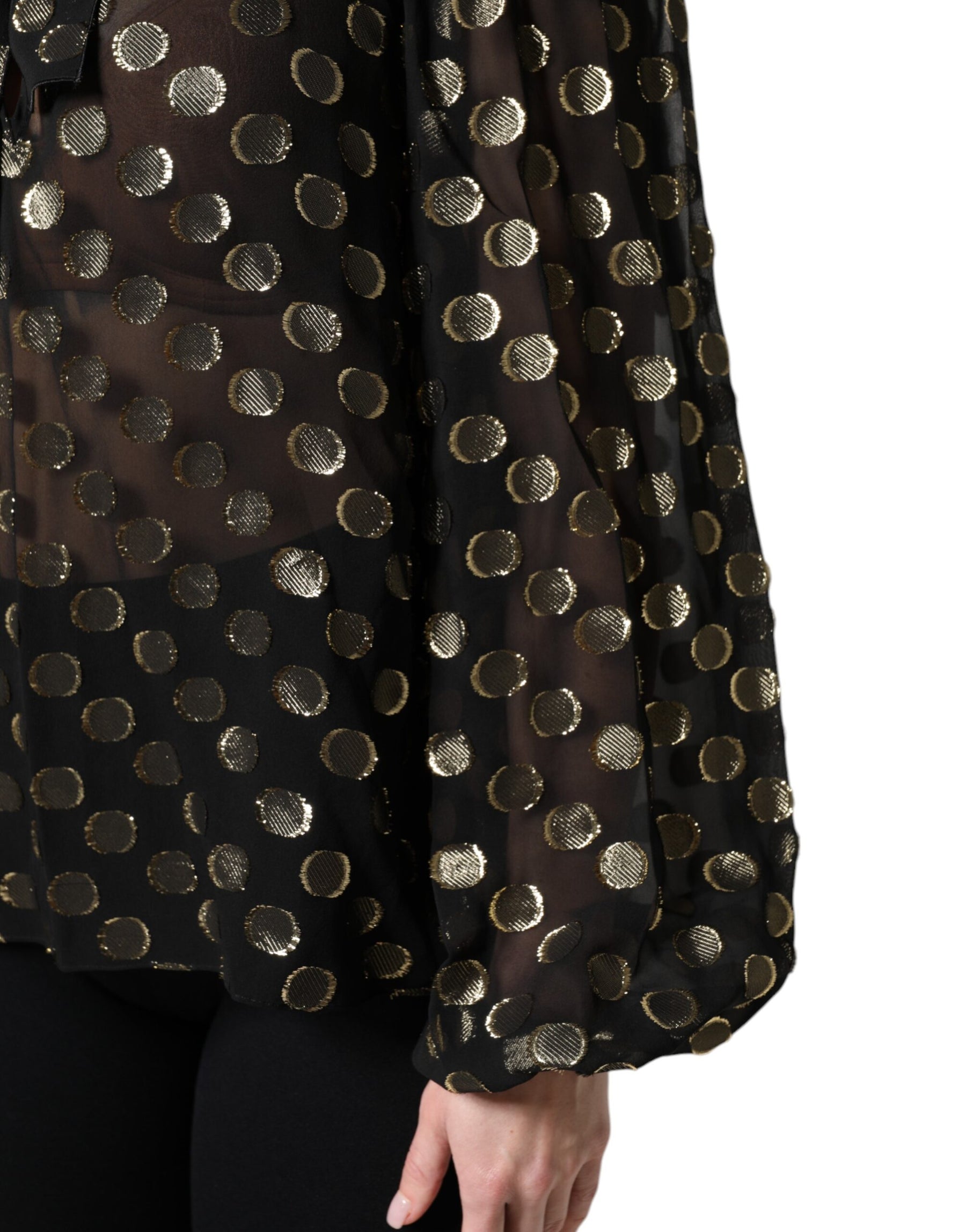 Dolce & Gabbana Black Sheer Tied Neck Polka Dots Blouse Top | Regal Royce
