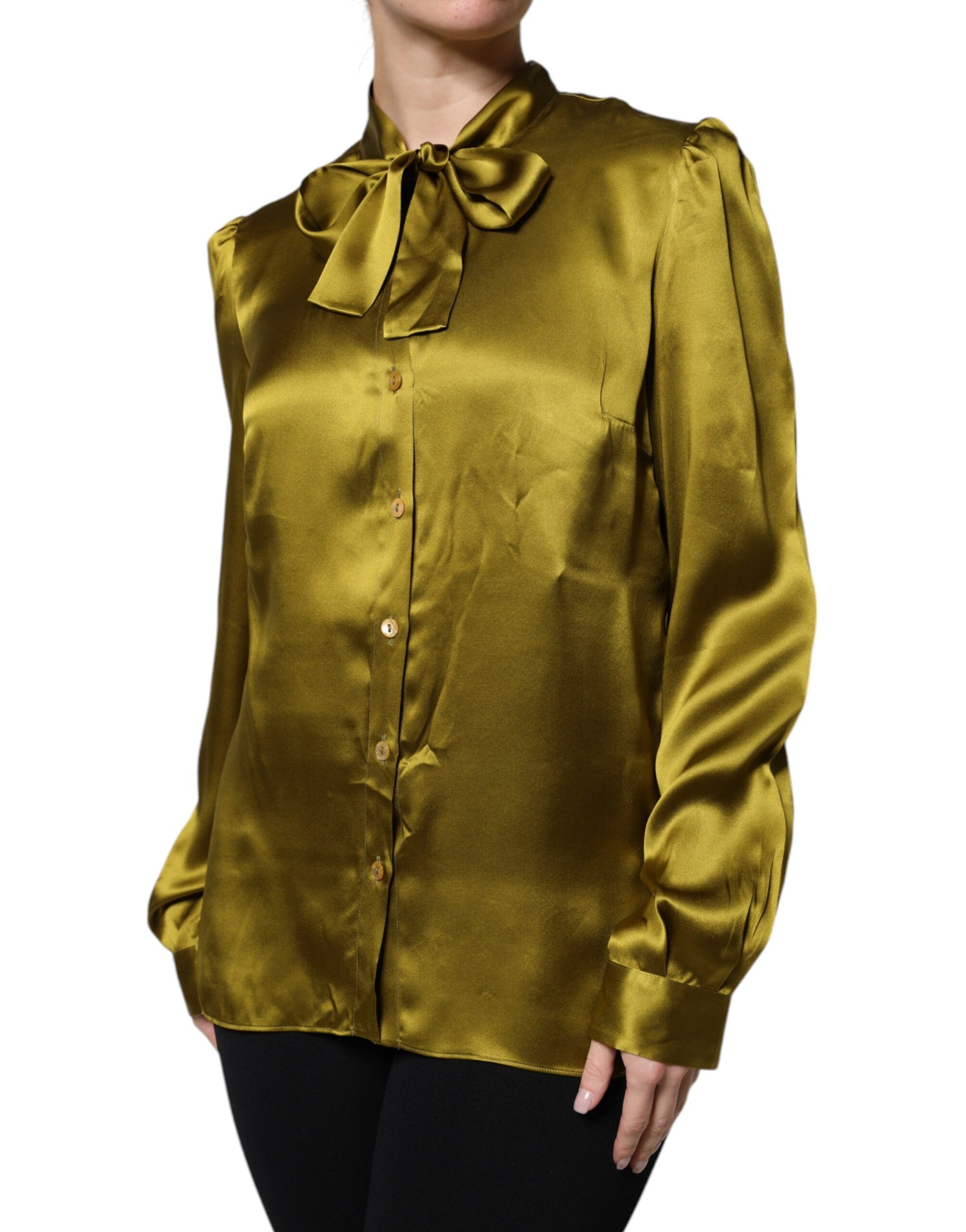 Dolce & Gabbana Olive Green Ascot Collar Long Sleeve Blouse Top | Regal Royce