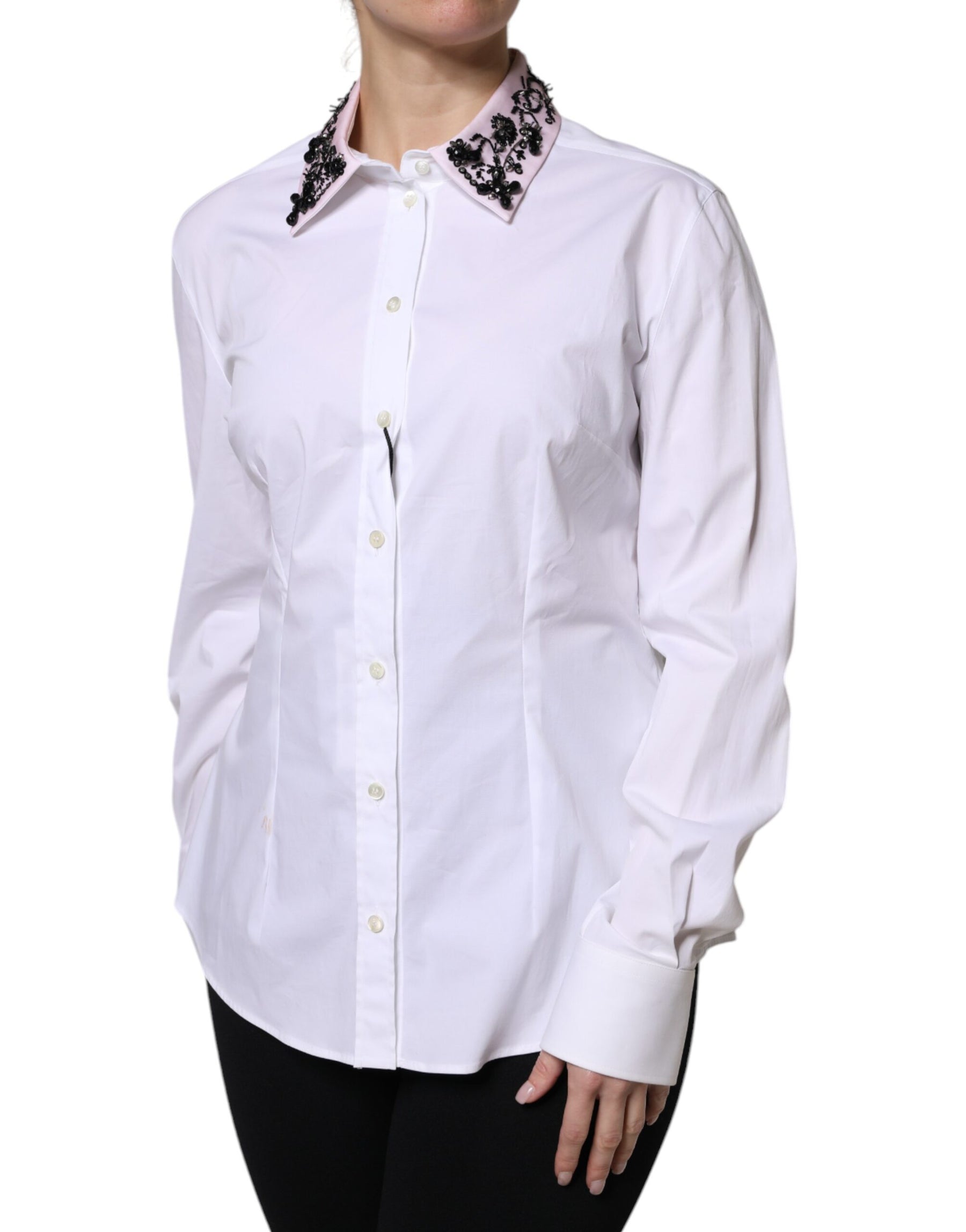 Dolce & Gabbana White Embellished Collared Dress Shirt Top | Regal Royce