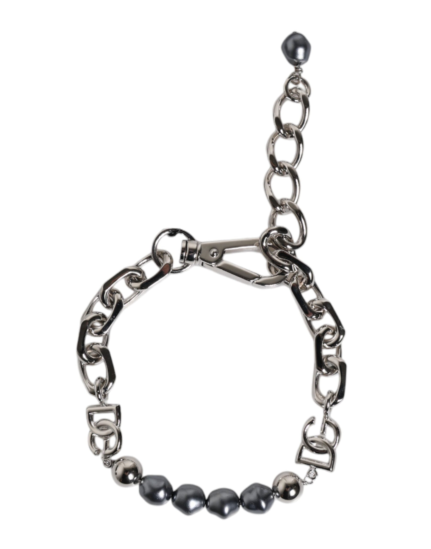 Dolce & Gabbana Silver Tone Chain Lobster Clasp Logo Gray Pearls Bracelet | Regal Royce