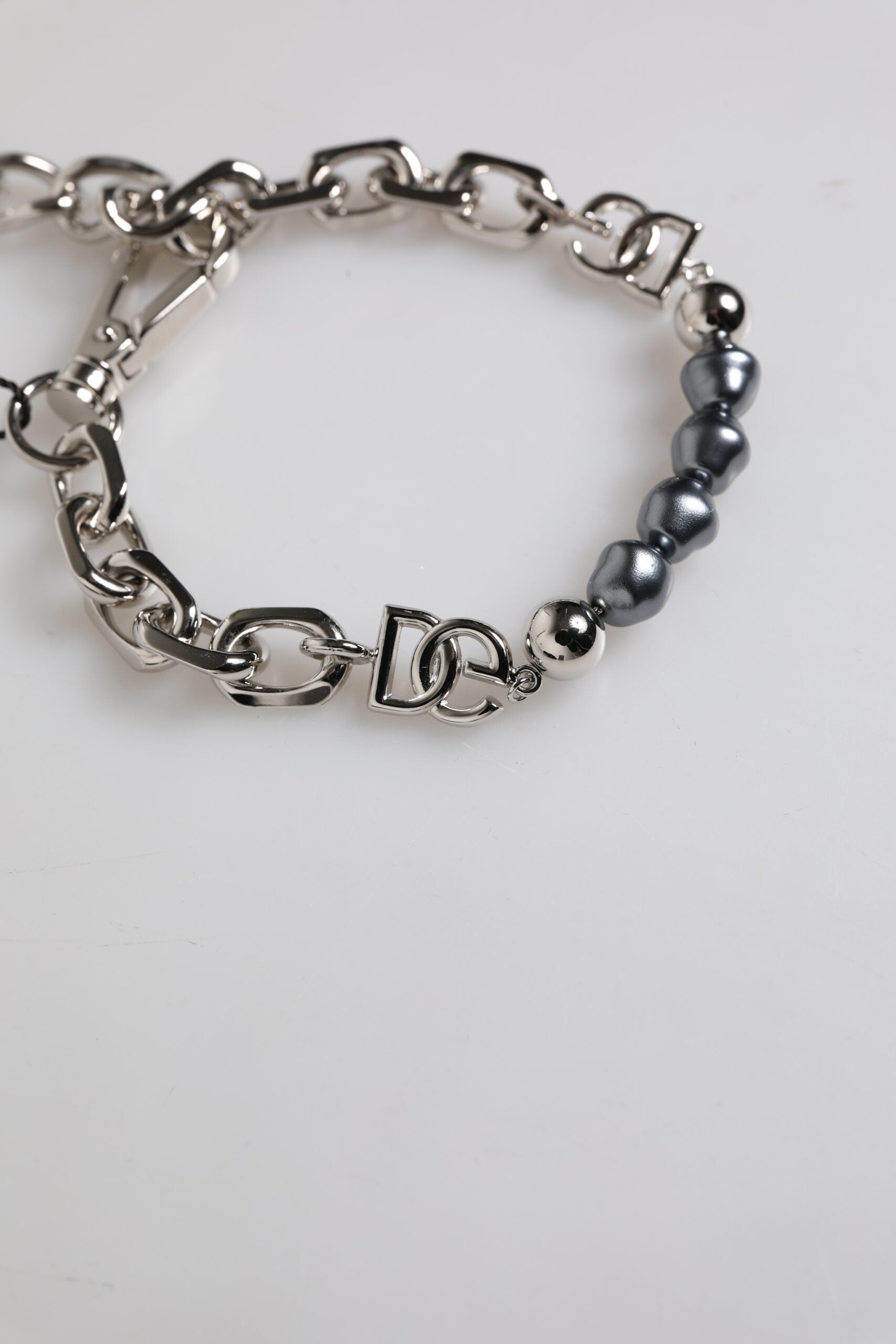 Dolce & Gabbana Silver Tone Chain Lobster Clasp Logo Gray Pearls Bracelet | Regal Royce