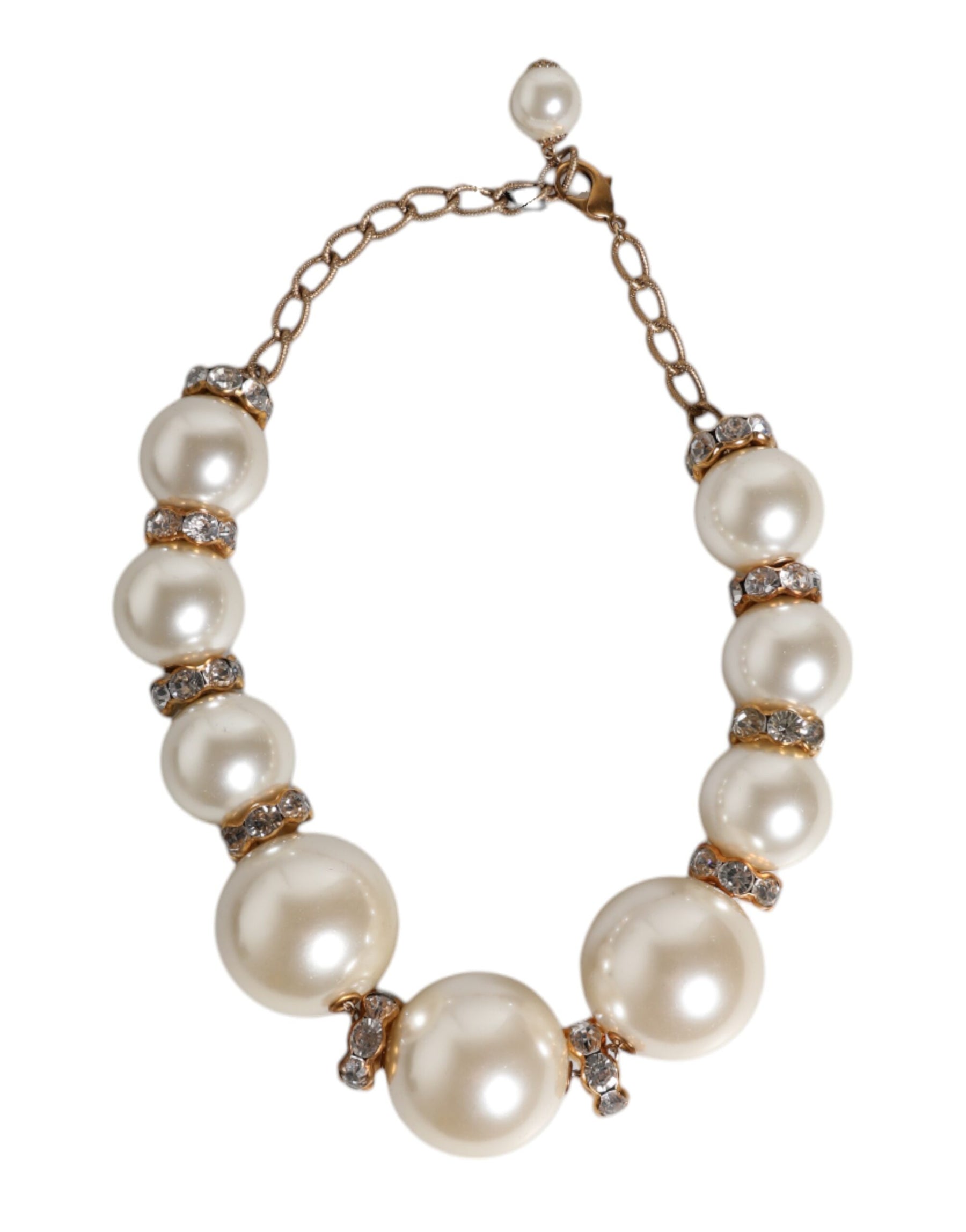 Dolce & Gabbana White Maxi Faux Pearl Beads Crystals Gold Chain Necklace | Regal Royce