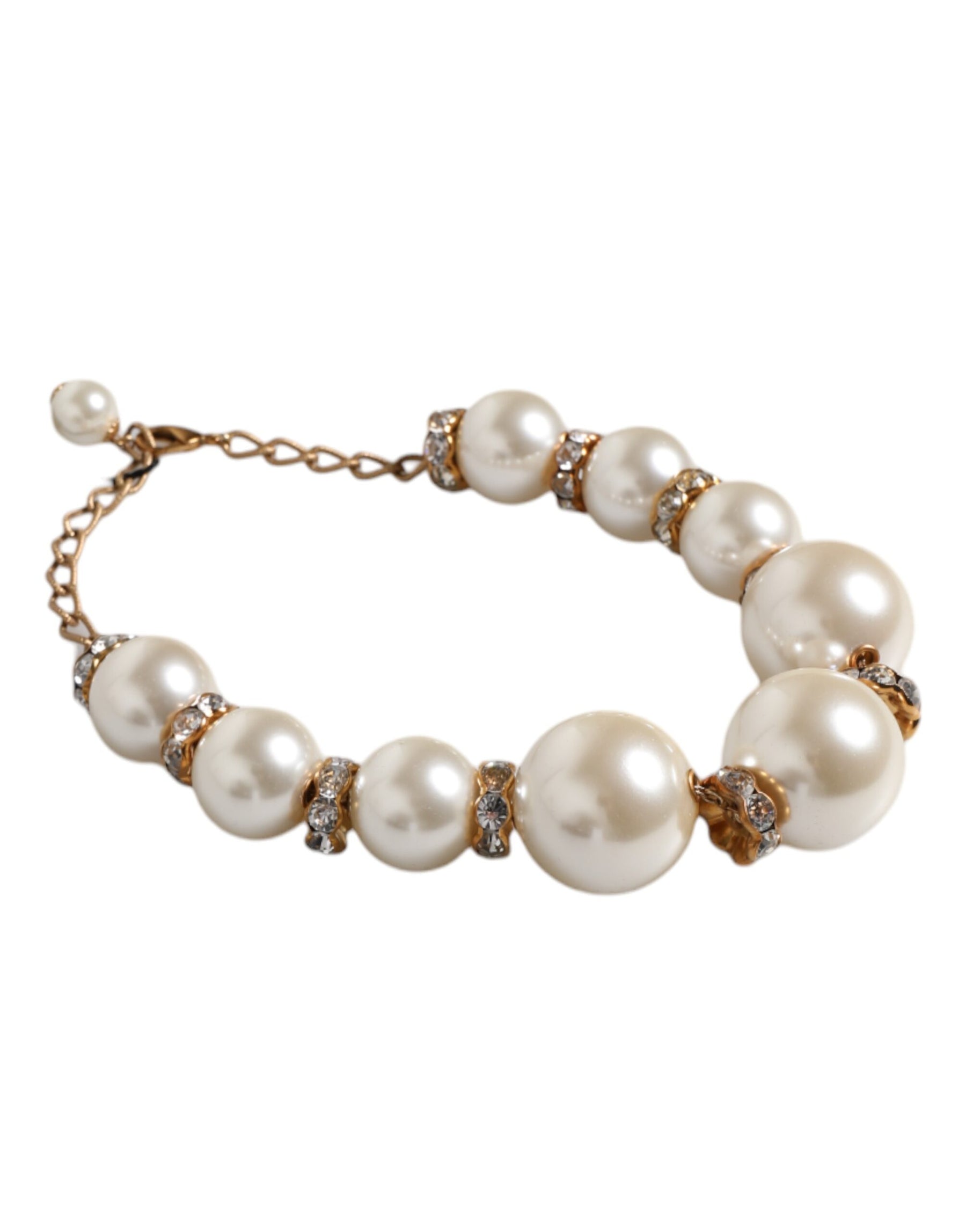 Dolce & Gabbana White Maxi Faux Pearl Beads Crystals Gold Chain Necklace | Regal Royce