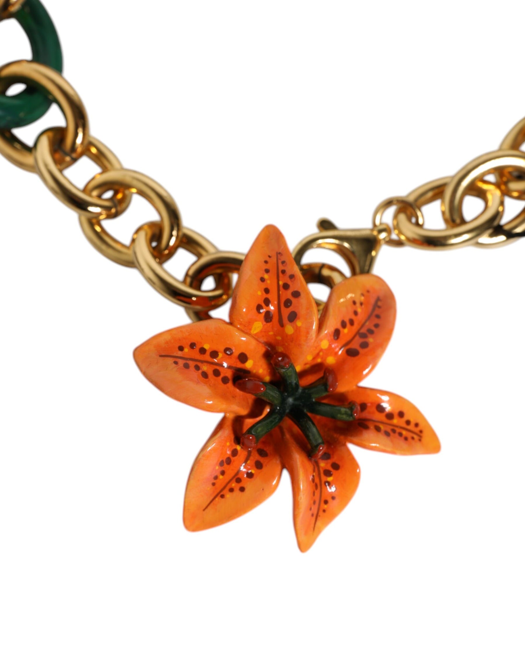 Dolce & Gabbana Multicolor Gold Brass Orange Lily Floral Chain Necklace | Regal Royce