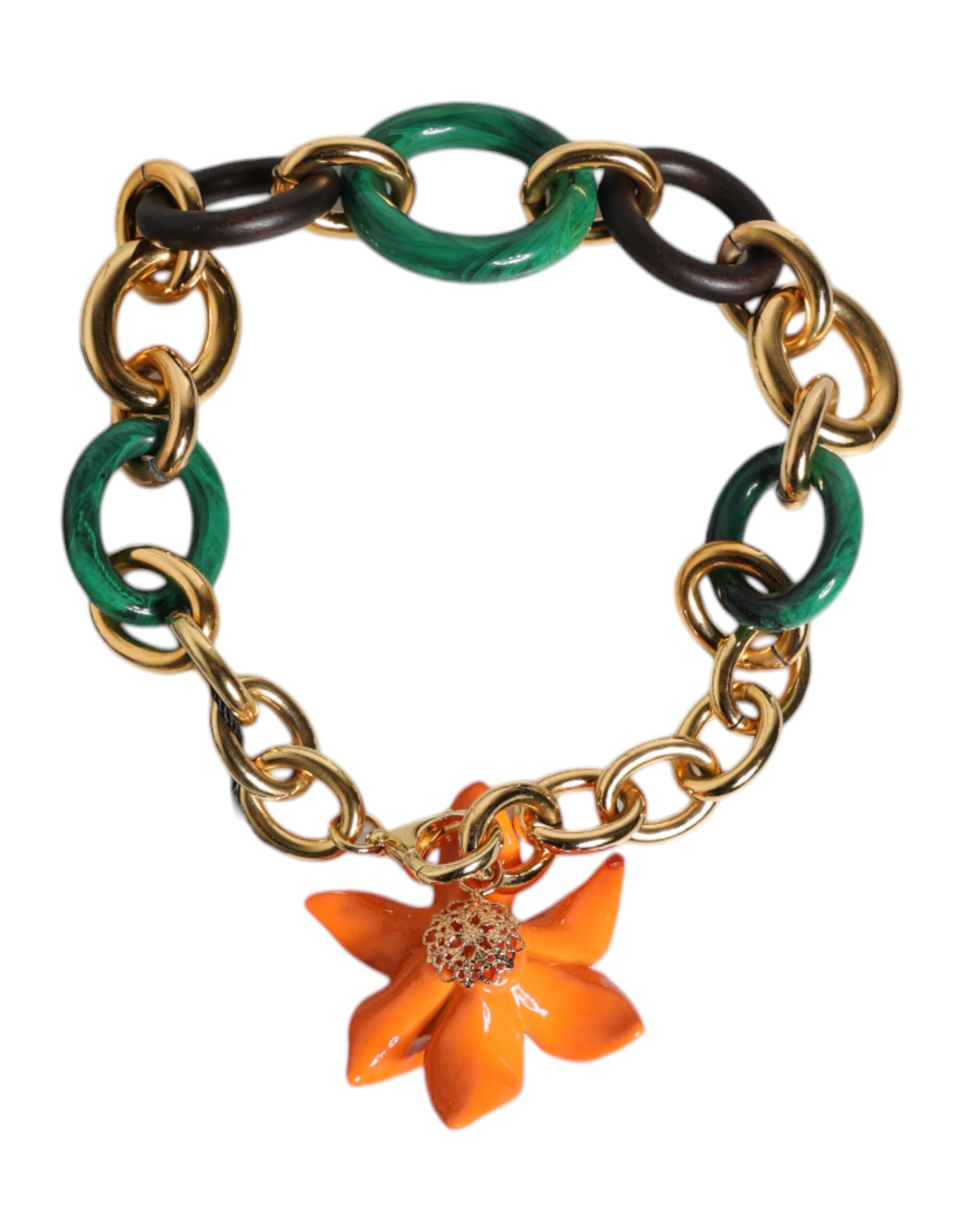 Dolce & Gabbana Multicolor Gold Brass Orange Lily Floral Chain Necklace | Regal Royce
