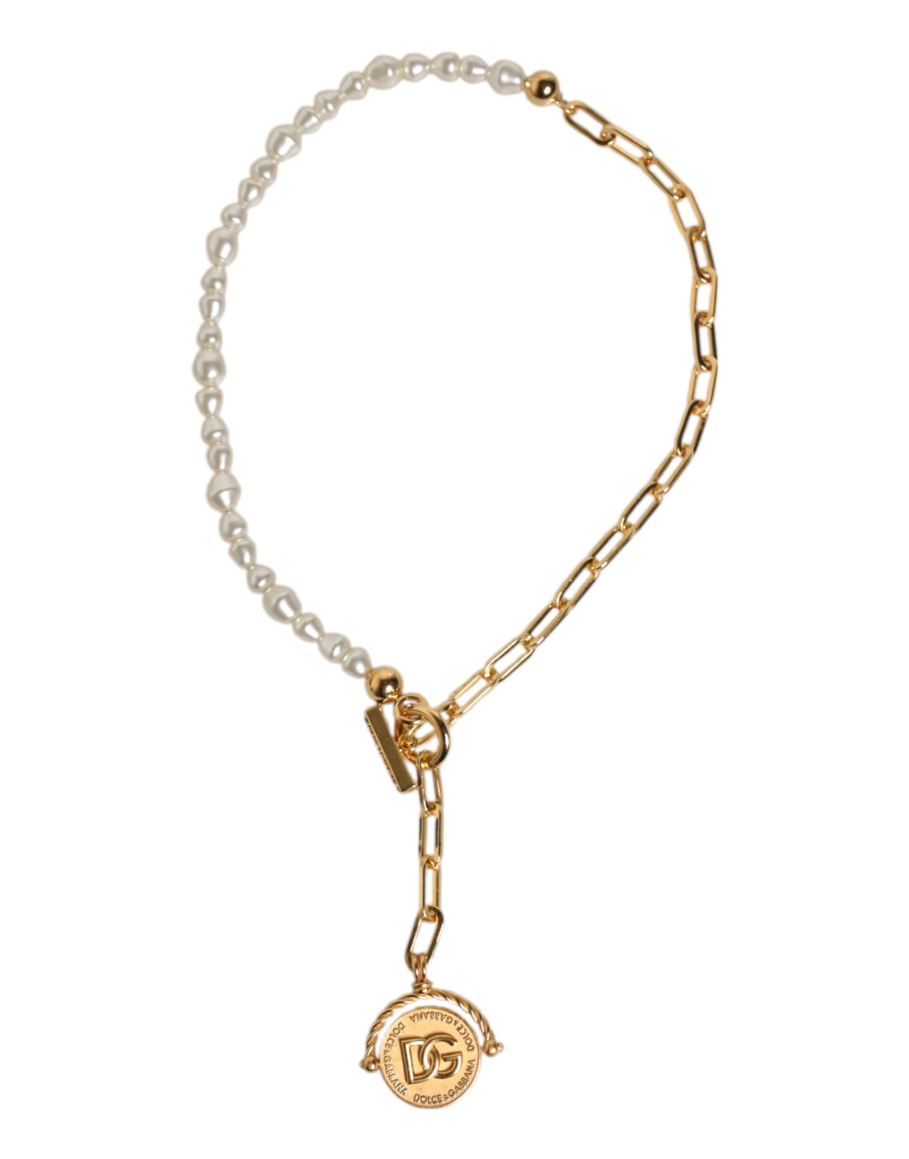 Dolce & Gabbana Gold Chain Brass Faux Pearl Charm Logo Pendant Necklace | Regal Royce