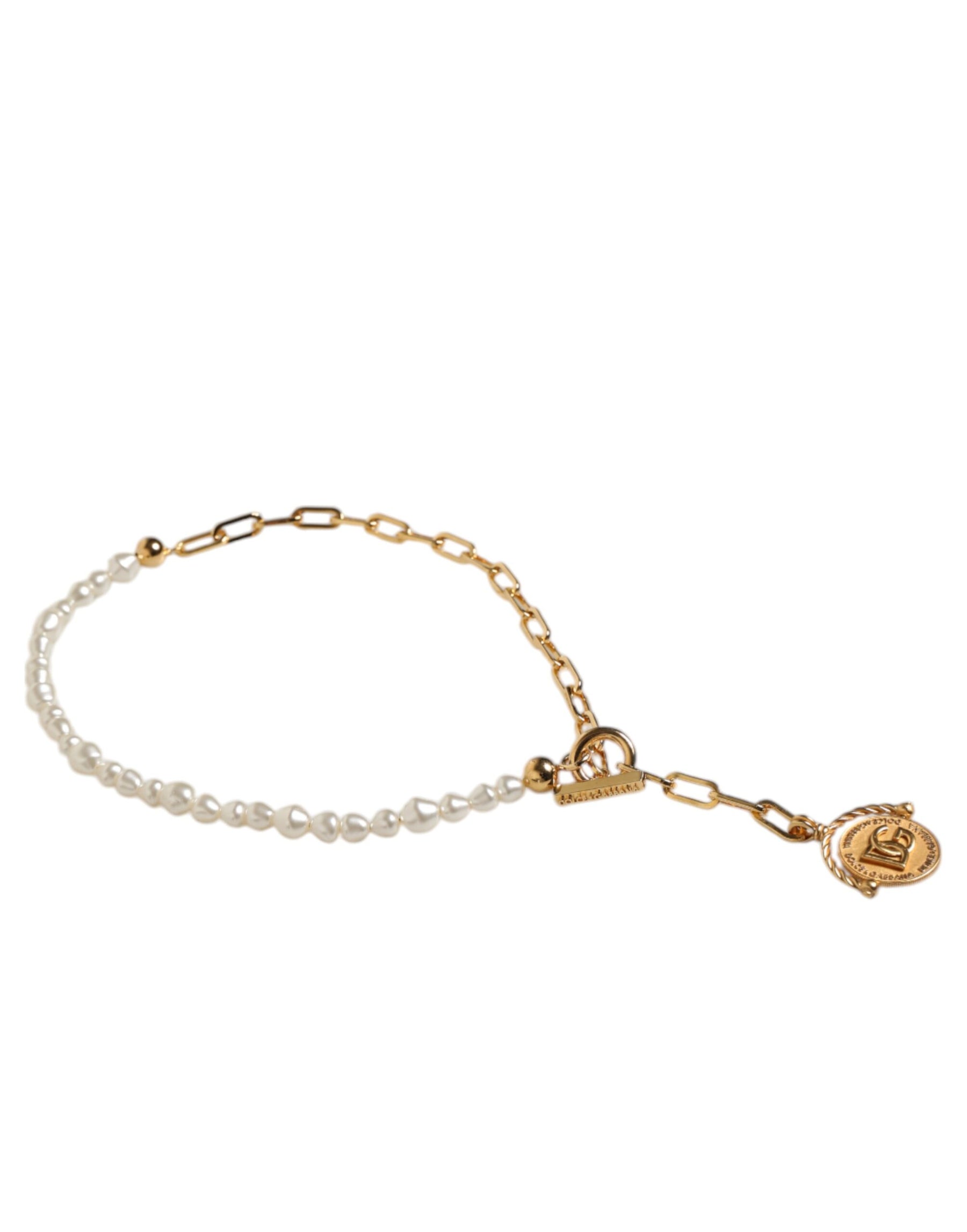 Dolce & Gabbana Gold Chain Brass Faux Pearl Charm Logo Pendant Necklace | Regal Royce