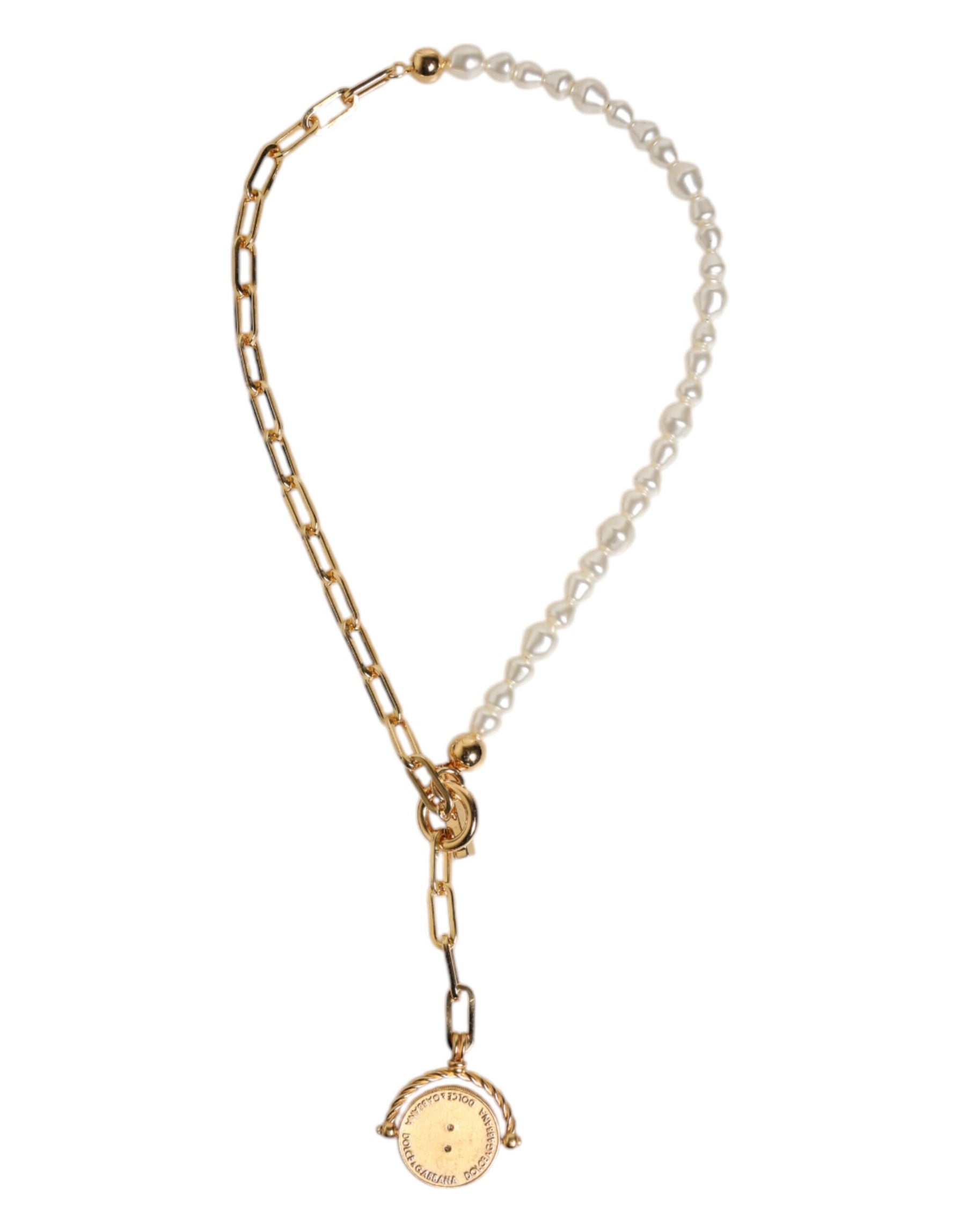 Dolce & Gabbana Gold Chain Brass Faux Pearl Charm Logo Pendant Necklace | Regal Royce