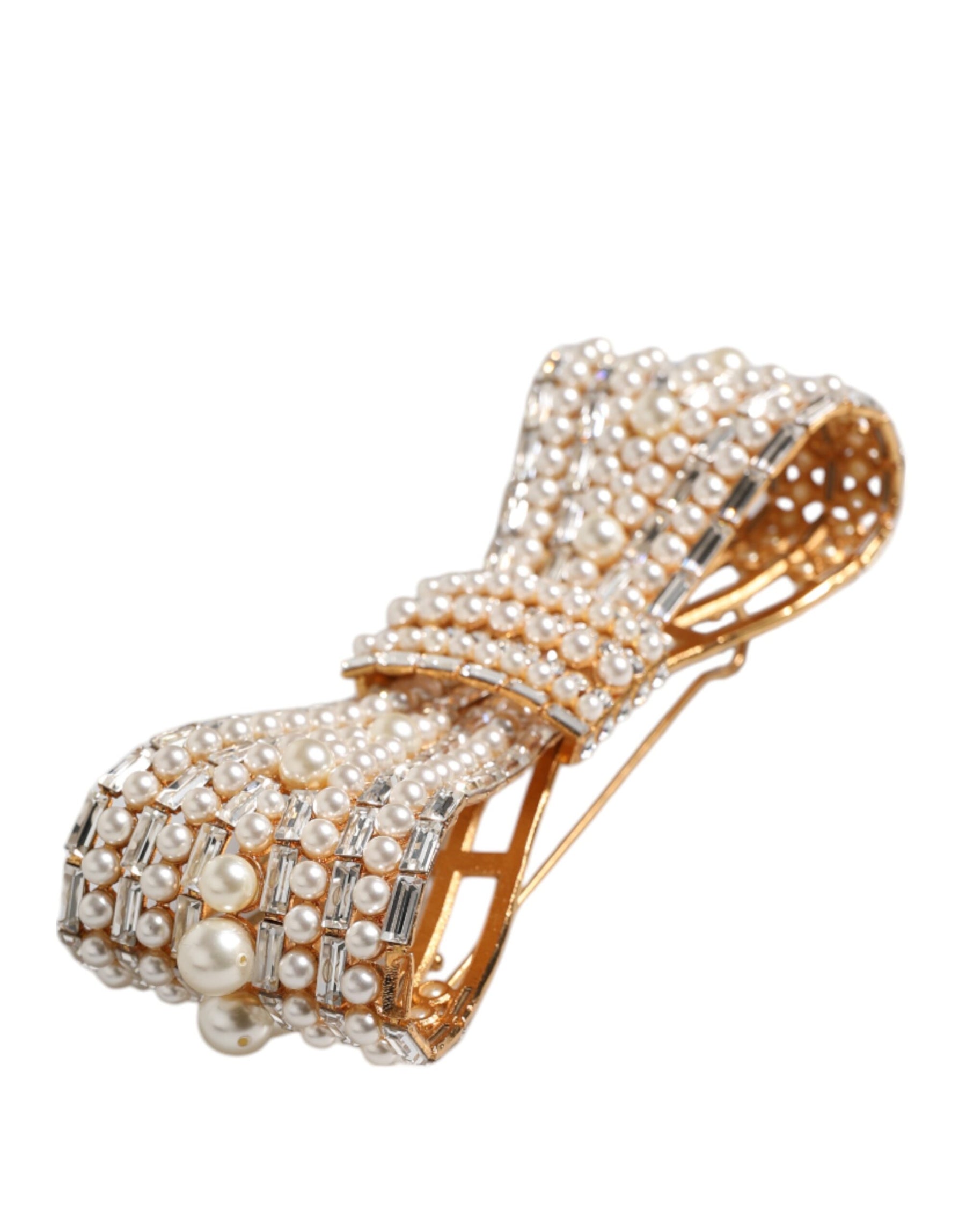 Dolce & Gabbana Gold Tone Brass Bow Crystal FauxPearl Embellished Brooch | Regal Royce