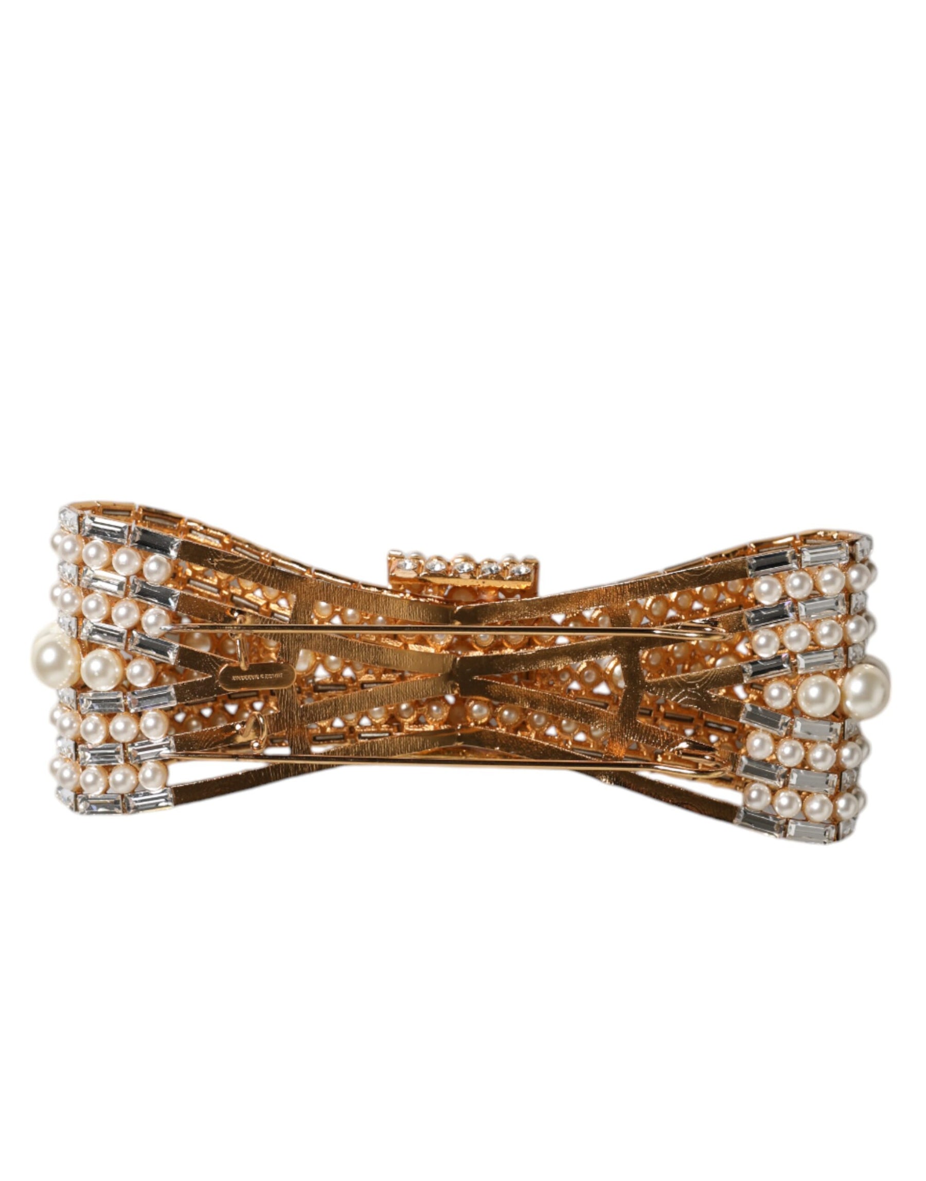 Dolce & Gabbana Gold Tone Brass Bow Crystal FauxPearl Embellished Brooch | Regal Royce