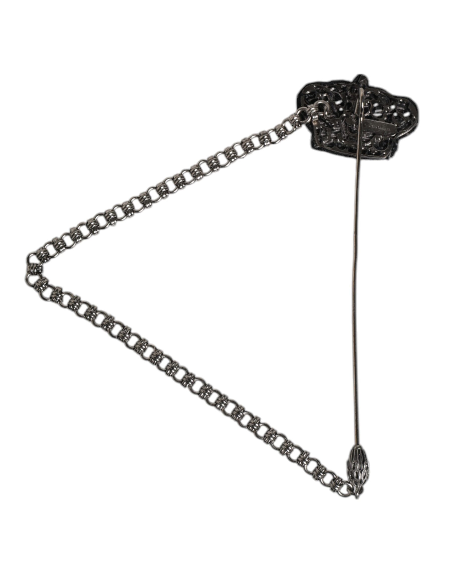 Dolce & Gabbana Silver Tone Brass Crown Chain Women Brooch Lapel Pin | Regal Royce