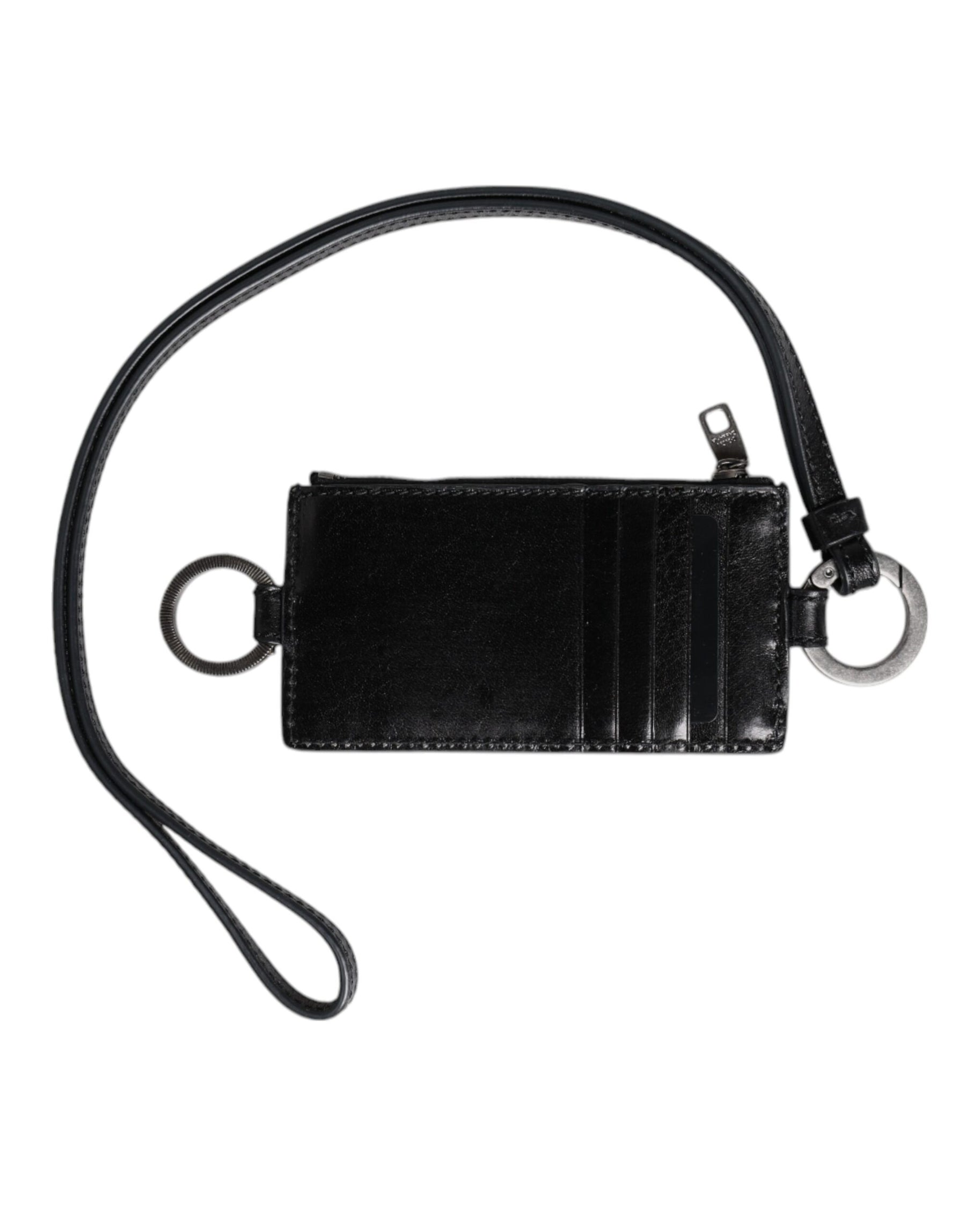 Dolce & Gabbana Black Leather Logo Embossed Lanyard Card Holder Wallet | Regal Royce