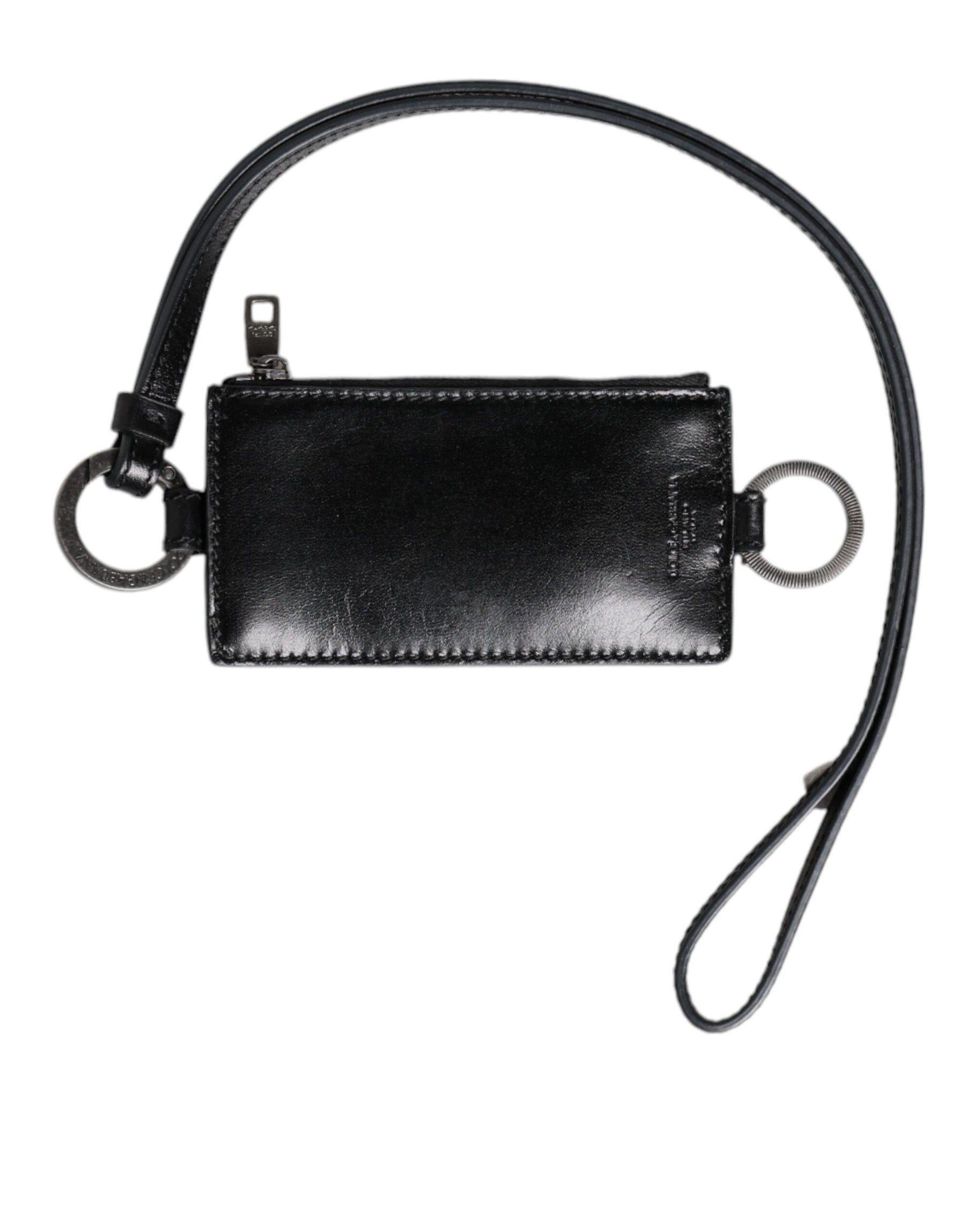 Dolce & Gabbana Black Leather Logo Embossed Lanyard Card Holder Wallet | Regal Royce