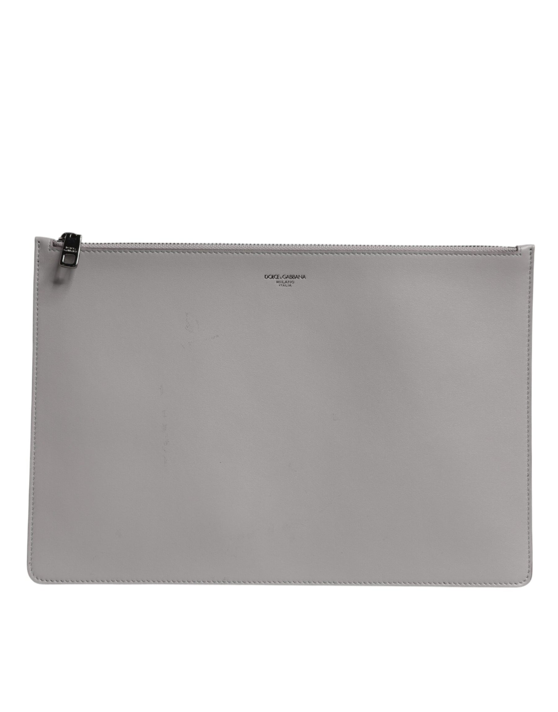Dolce & Gabbana Gray Solid Leather DG Logo Men Clutch Zip Pouch Bag | Regal Royce