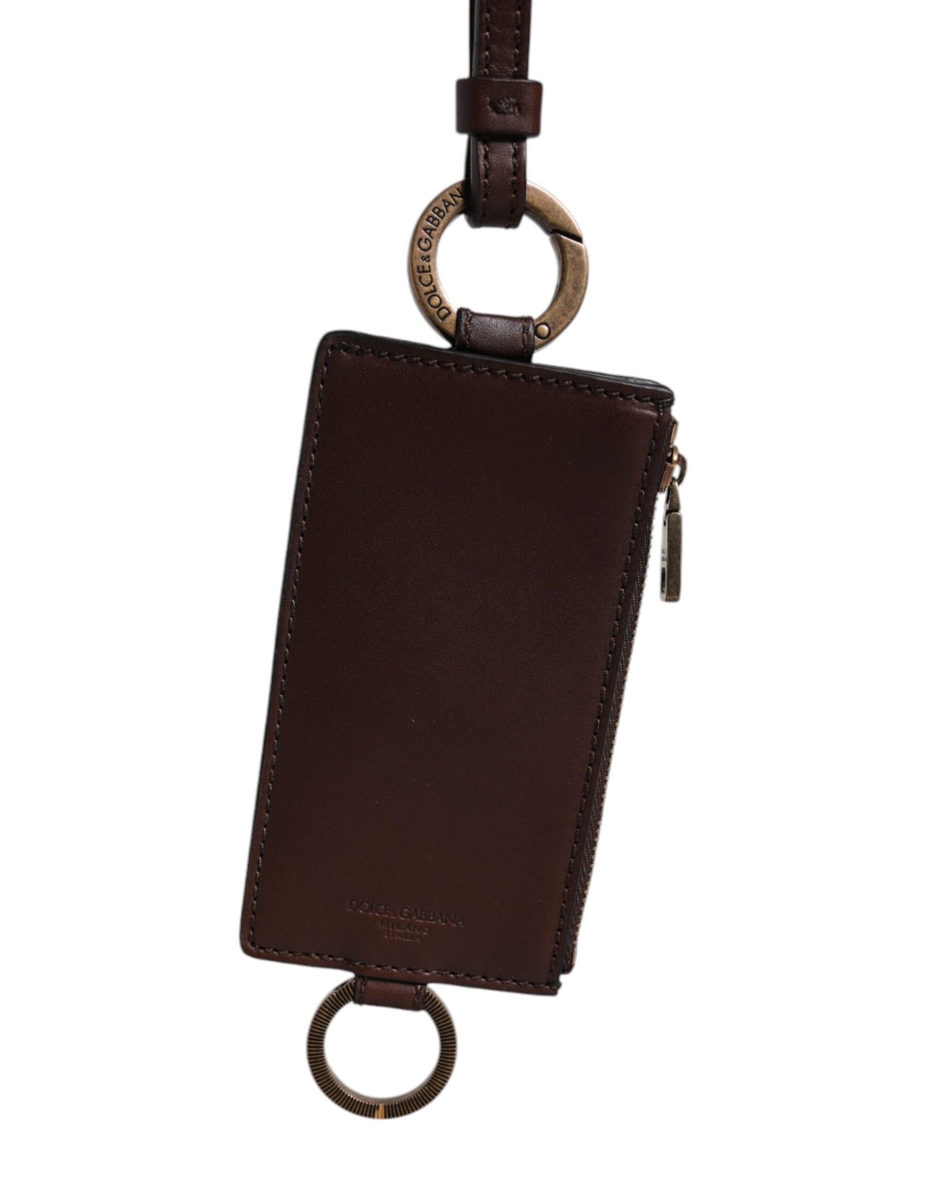 Dolce & Gabbana Brown Calf Leather Lanyard Logo Card Holder Wallet | Regal Royce
