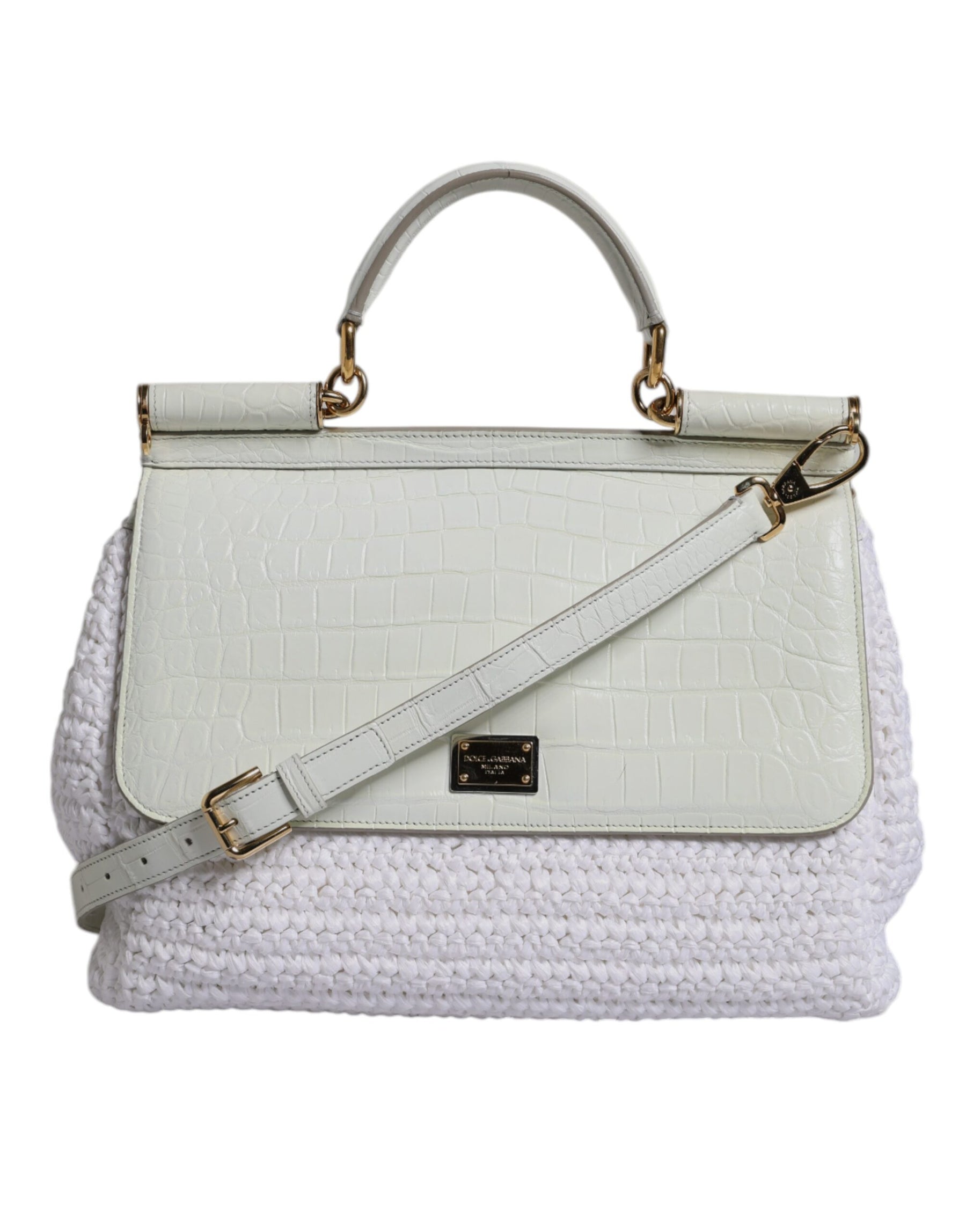 Dolce & Gabbana White Rafia Leather Top Handle Crossbody Bag | Regal Royce