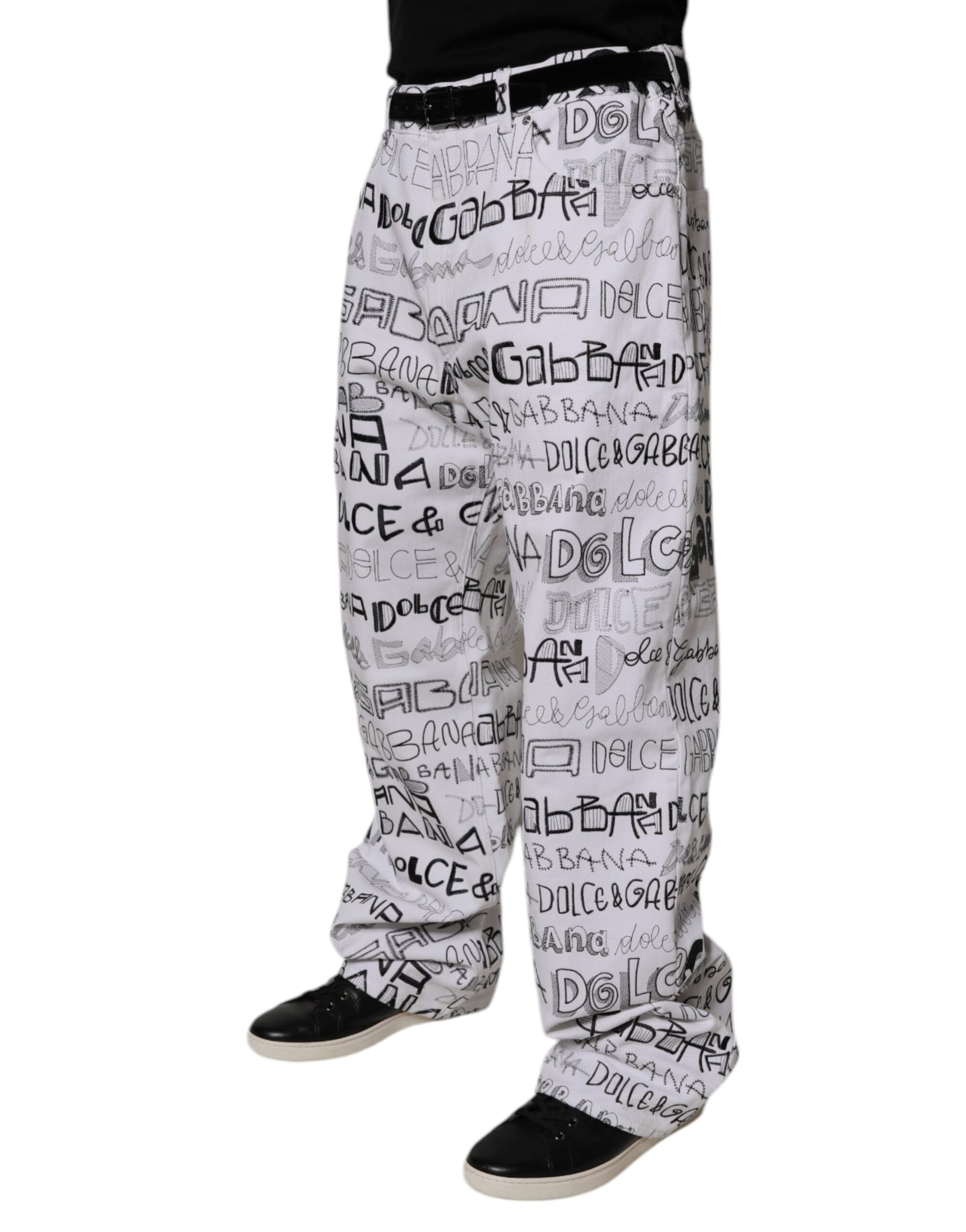 Dolce & Gabbana White Logo Print Straight Men Denim Jeans | Regal Royce