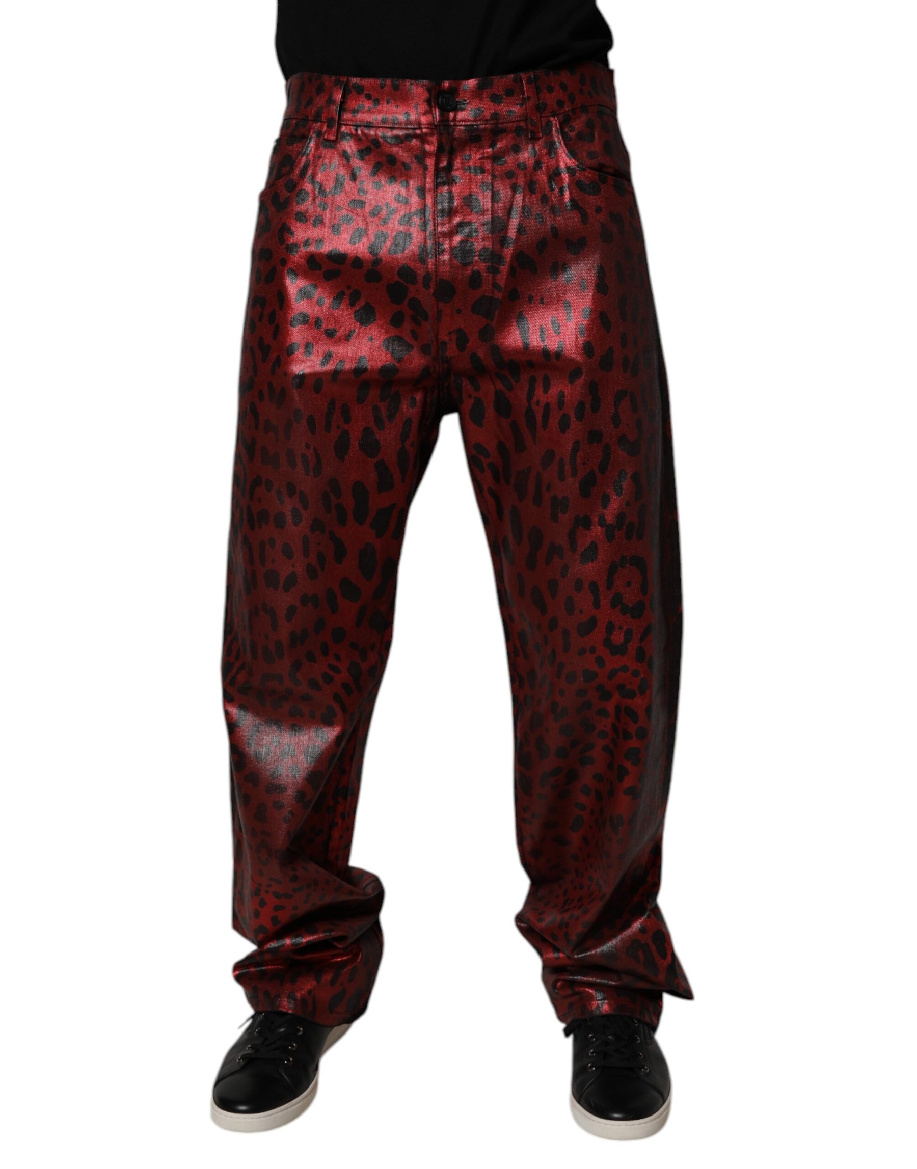 Dolce & Gabbana Red Leopard Cotton Straight Men Denim Jeans | Regal Royce