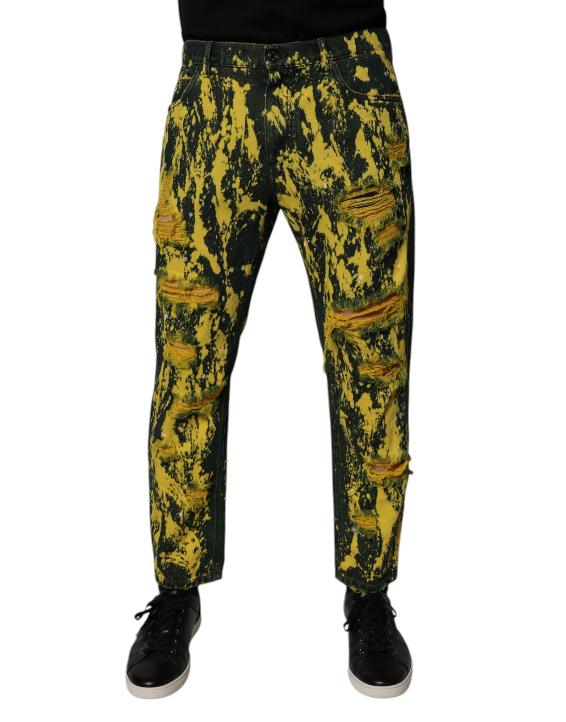 Dolce & Gabbana Black Yellow Tie Dye Tattered Skinny Men Denim Jeans | Regal Royce