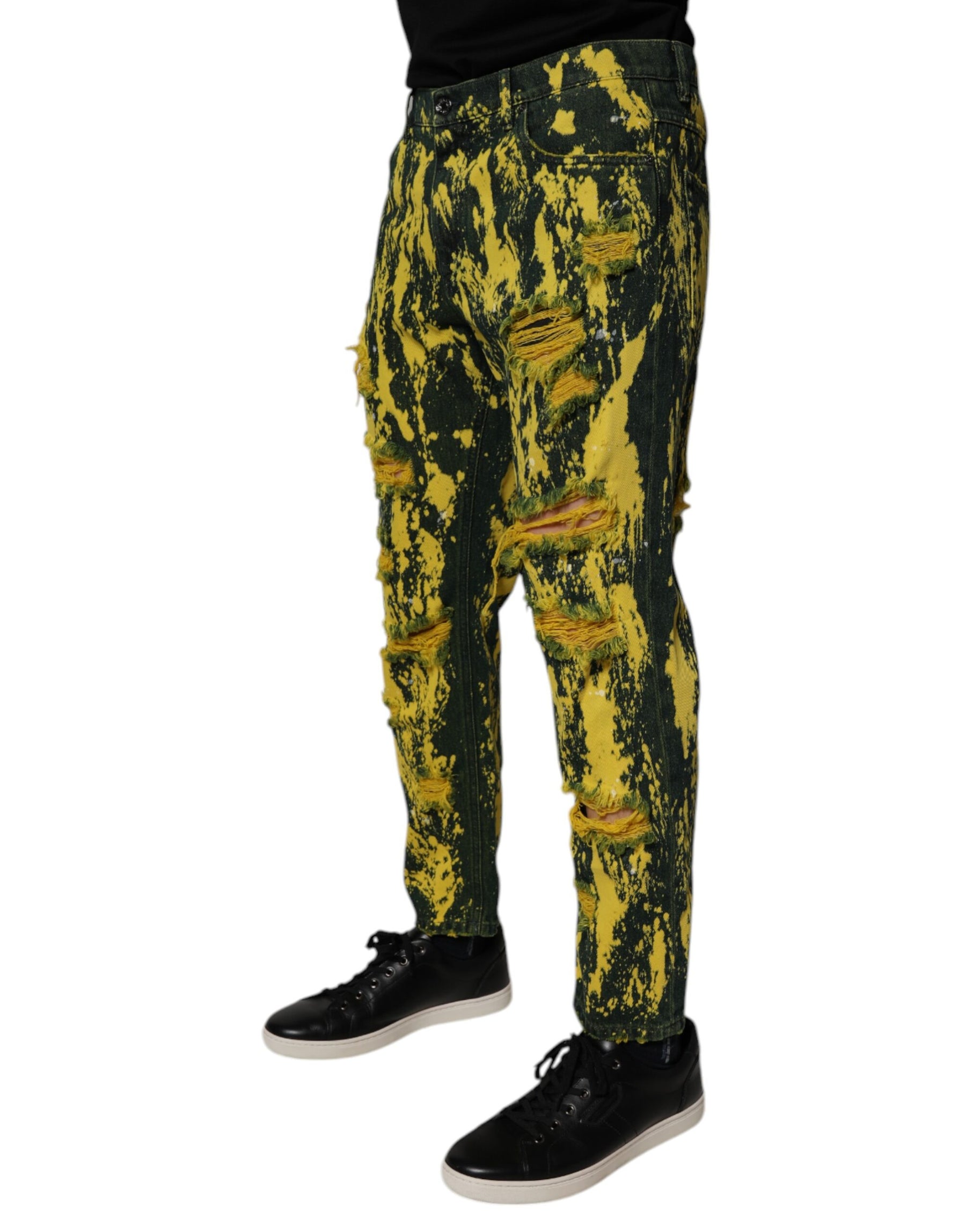 Dolce & Gabbana Black Yellow Tie Dye Tattered Skinny Men Denim Jeans | Regal Royce