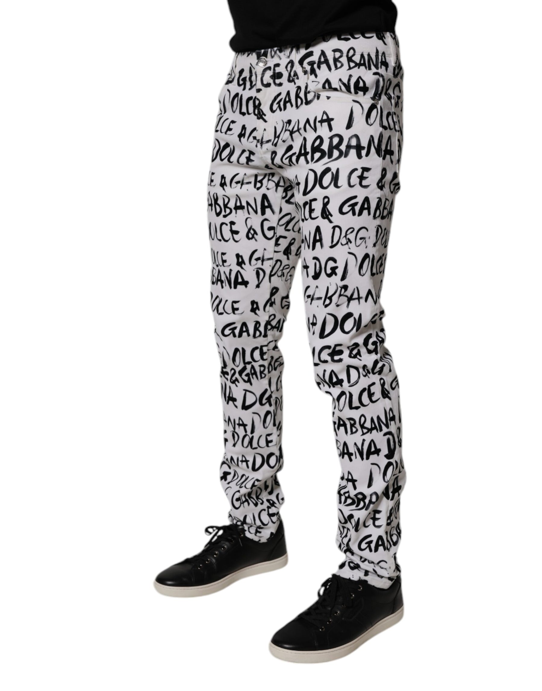 Dolce & Gabbana White Cotton Logo Print Skinny Denim Jeans | Regal Royce