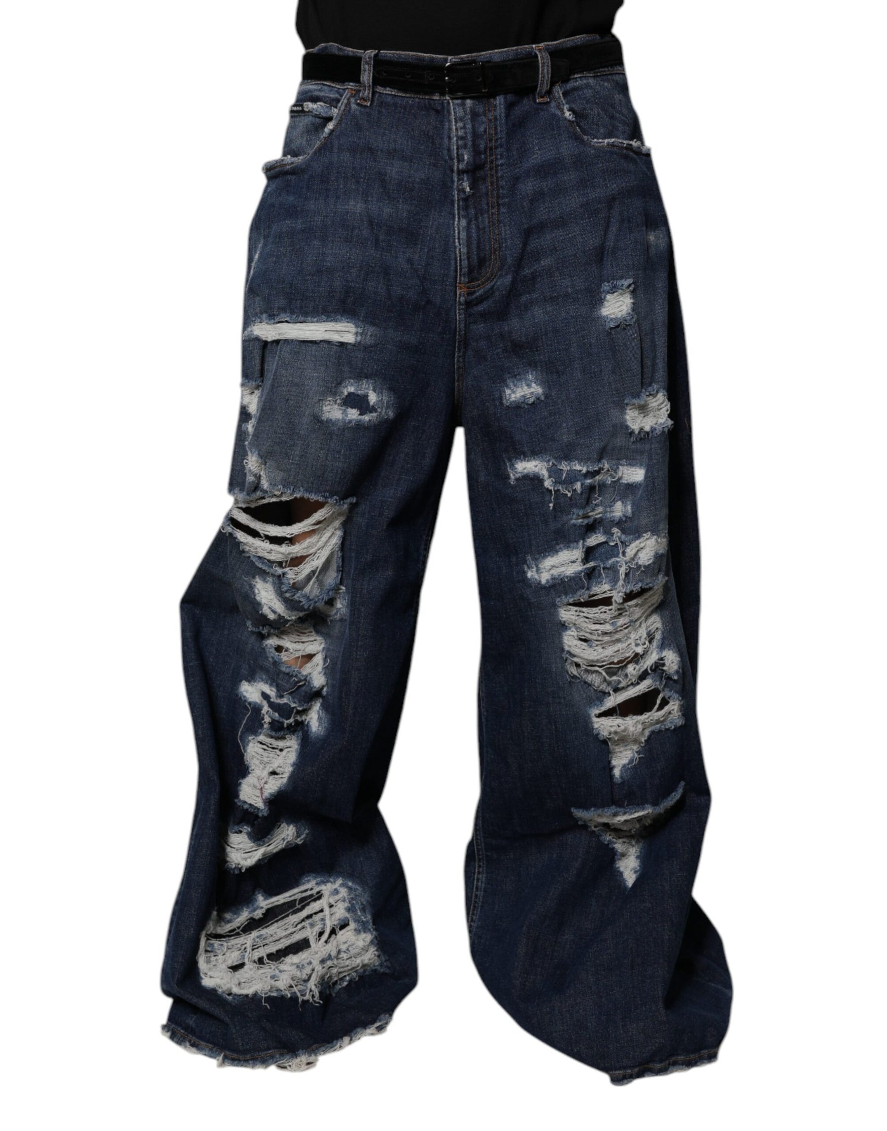 Dolce & Gabbana Dark Blue Tattered Wide Leg Men Denim Jeans | Regal Royce