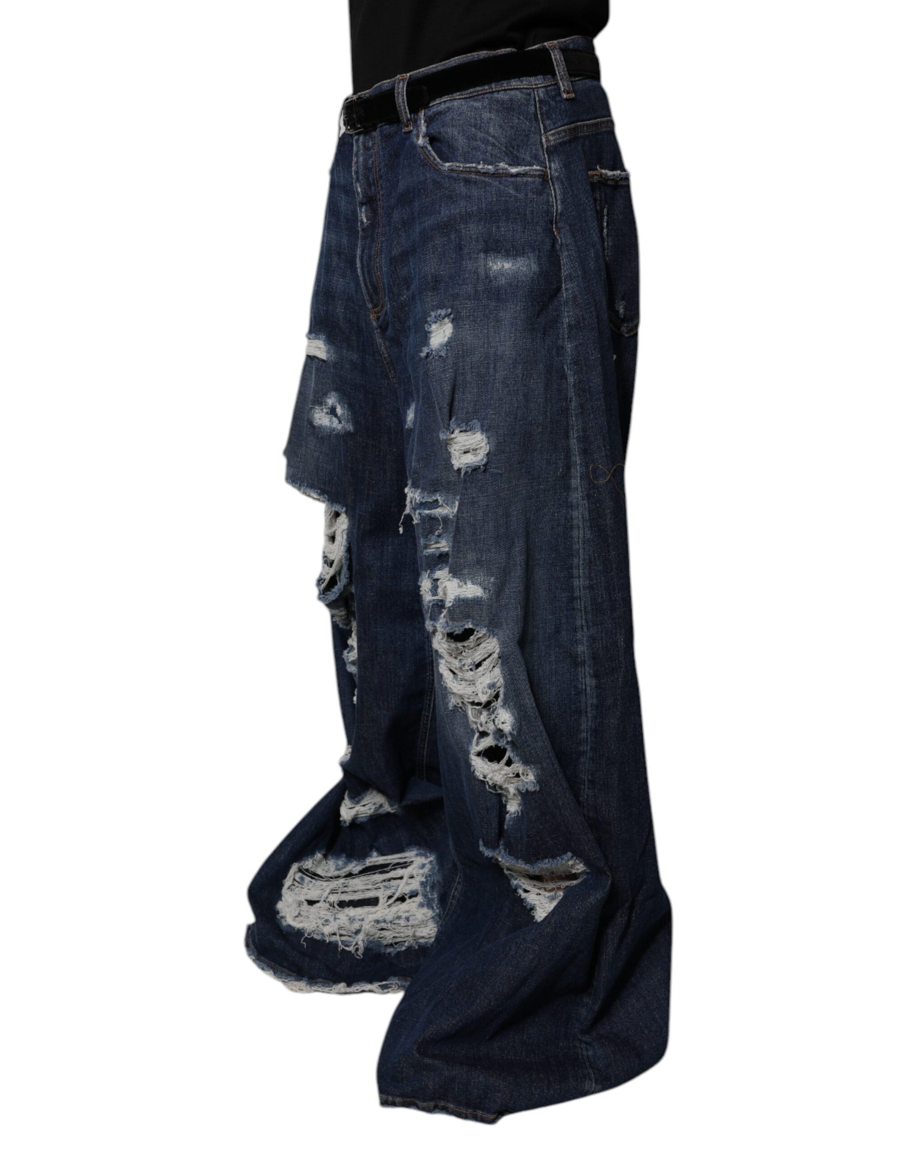 Dolce & Gabbana Dark Blue Tattered Wide Leg Men Denim Jeans | Regal Royce