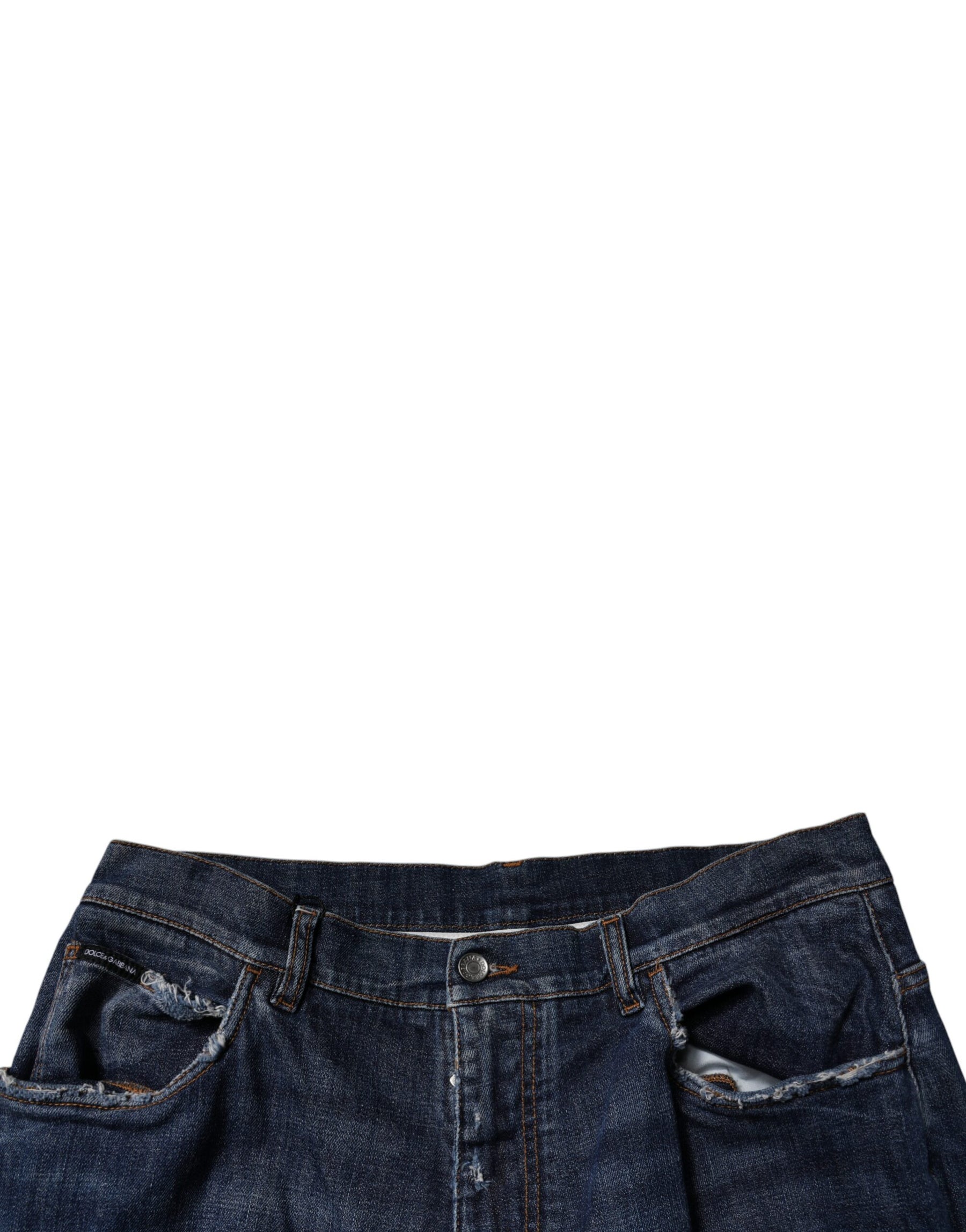 Dolce & Gabbana Dark Blue Tattered Wide Leg Men Denim Jeans | Regal Royce
