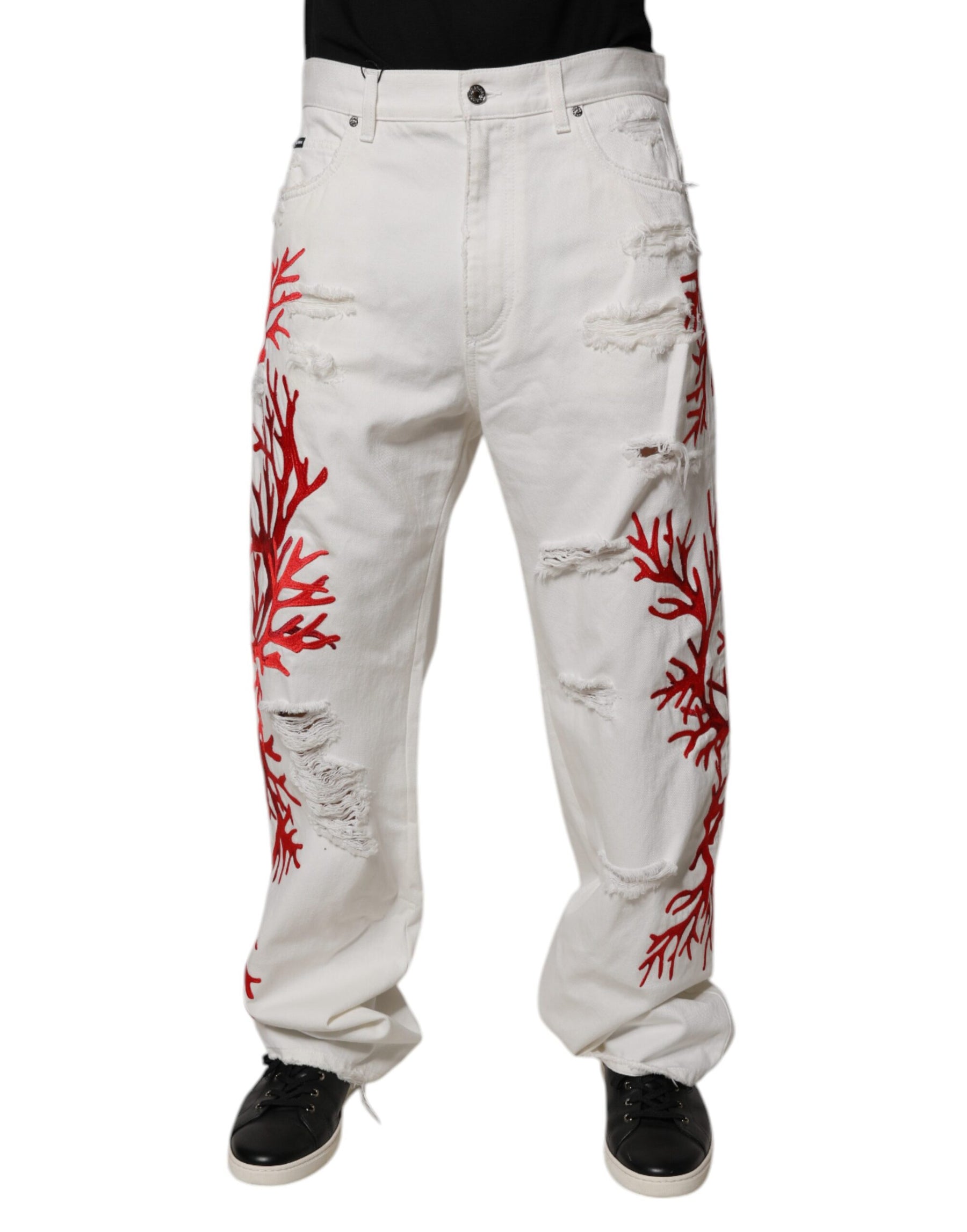 Dolce & Gabbana White Corals Tattered Straight Denim Jeans | Regal Royce