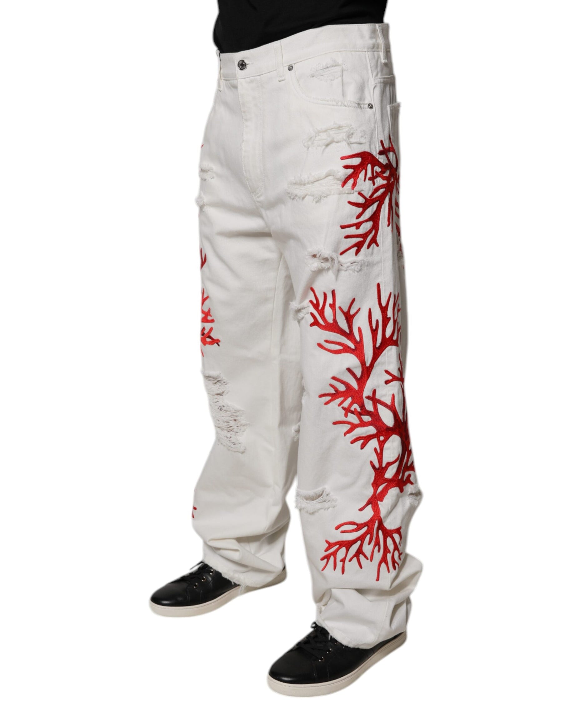 Dolce & Gabbana White Corals Tattered Straight Denim Jeans | Regal Royce