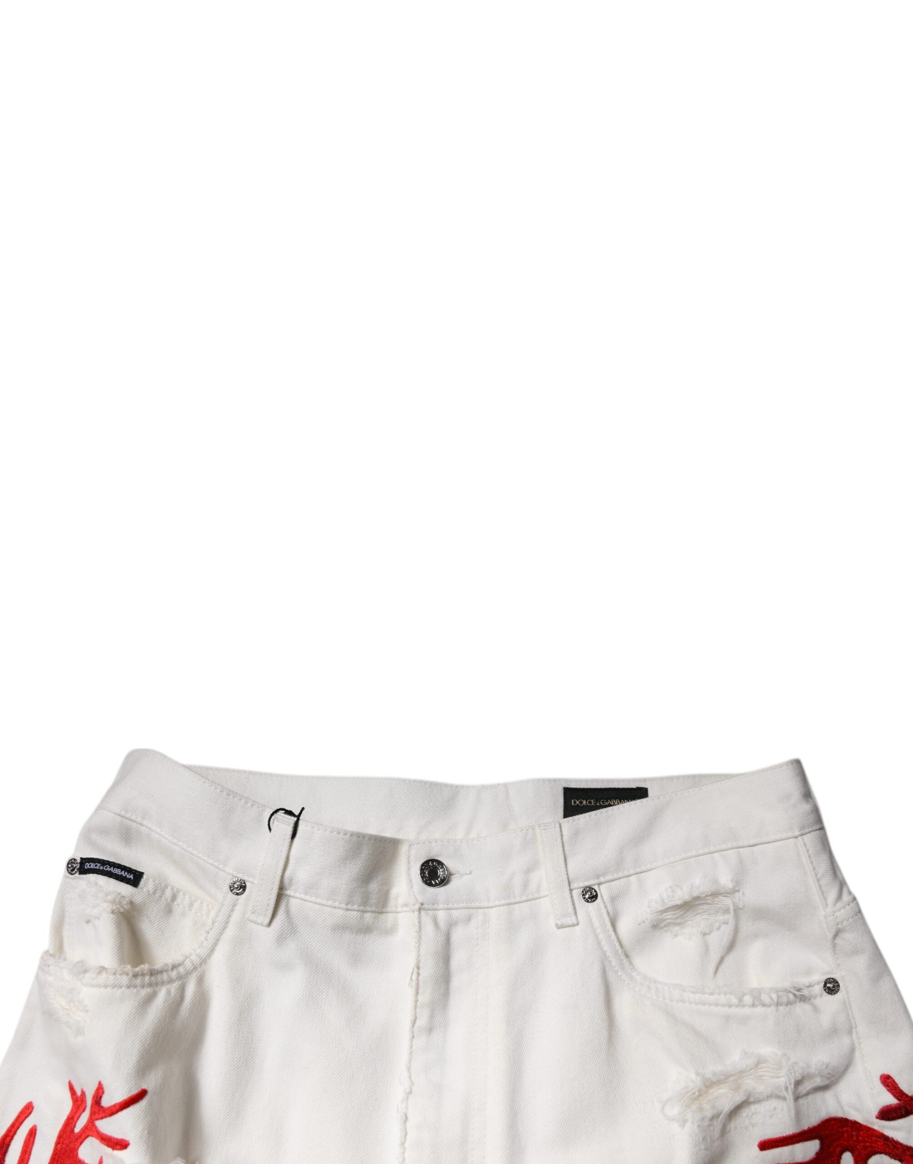 Dolce & Gabbana White Corals Tattered Straight Denim Jeans | Regal Royce