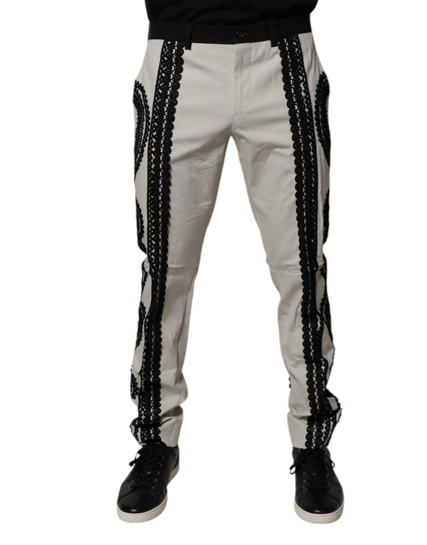 Dolce & Gabbana White Lace Trim Mid Waist Dress Formal Pants | Regal Royce