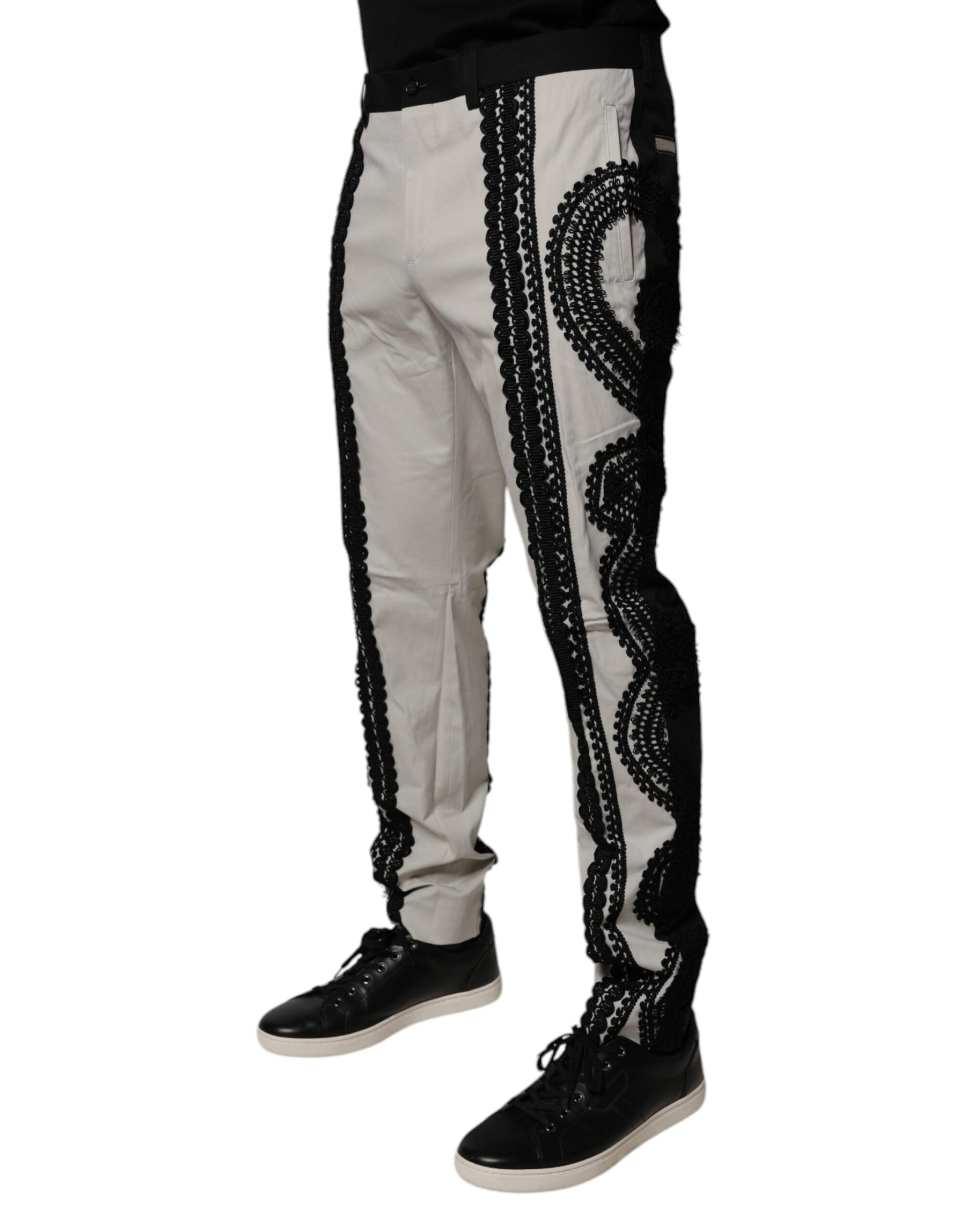 Dolce & Gabbana White Lace Trim Mid Waist Dress Formal Pants | Regal Royce