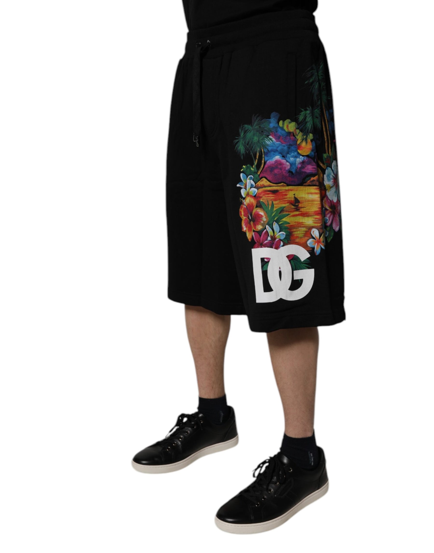 Dolce & Gabbana Black Cotton Logo Floral Print Bermuda Shorts | Regal Royce