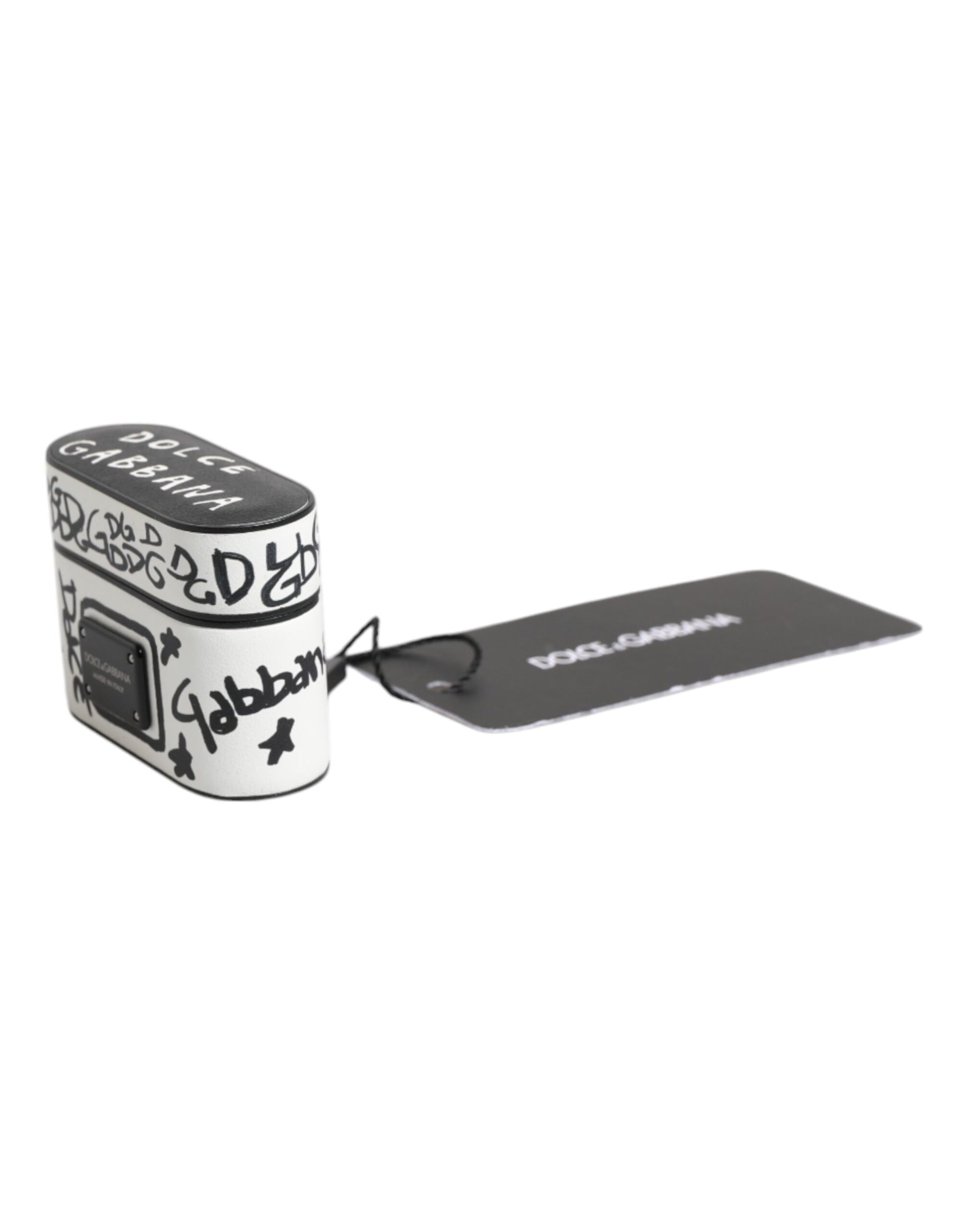 Dolce & Gabbana Black White Leather Scribble Embossed Logo Airpods Case