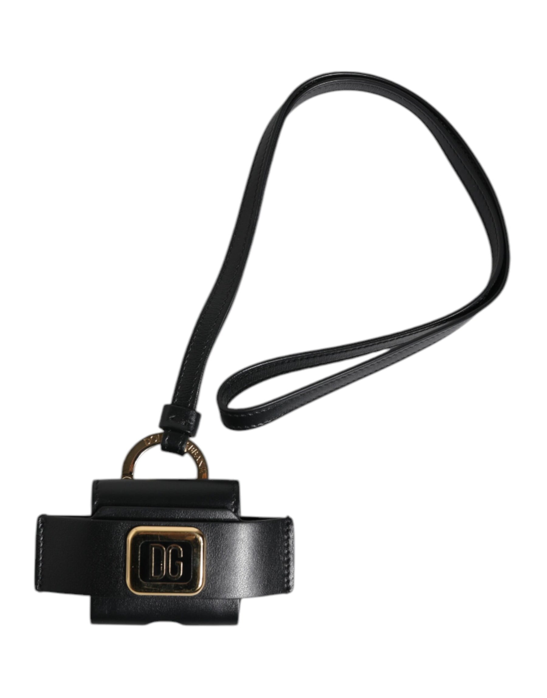 Dolce & Gabbana Black Leather Strap Gold Metal Logo Plaque Airpods Case | Regal Royce