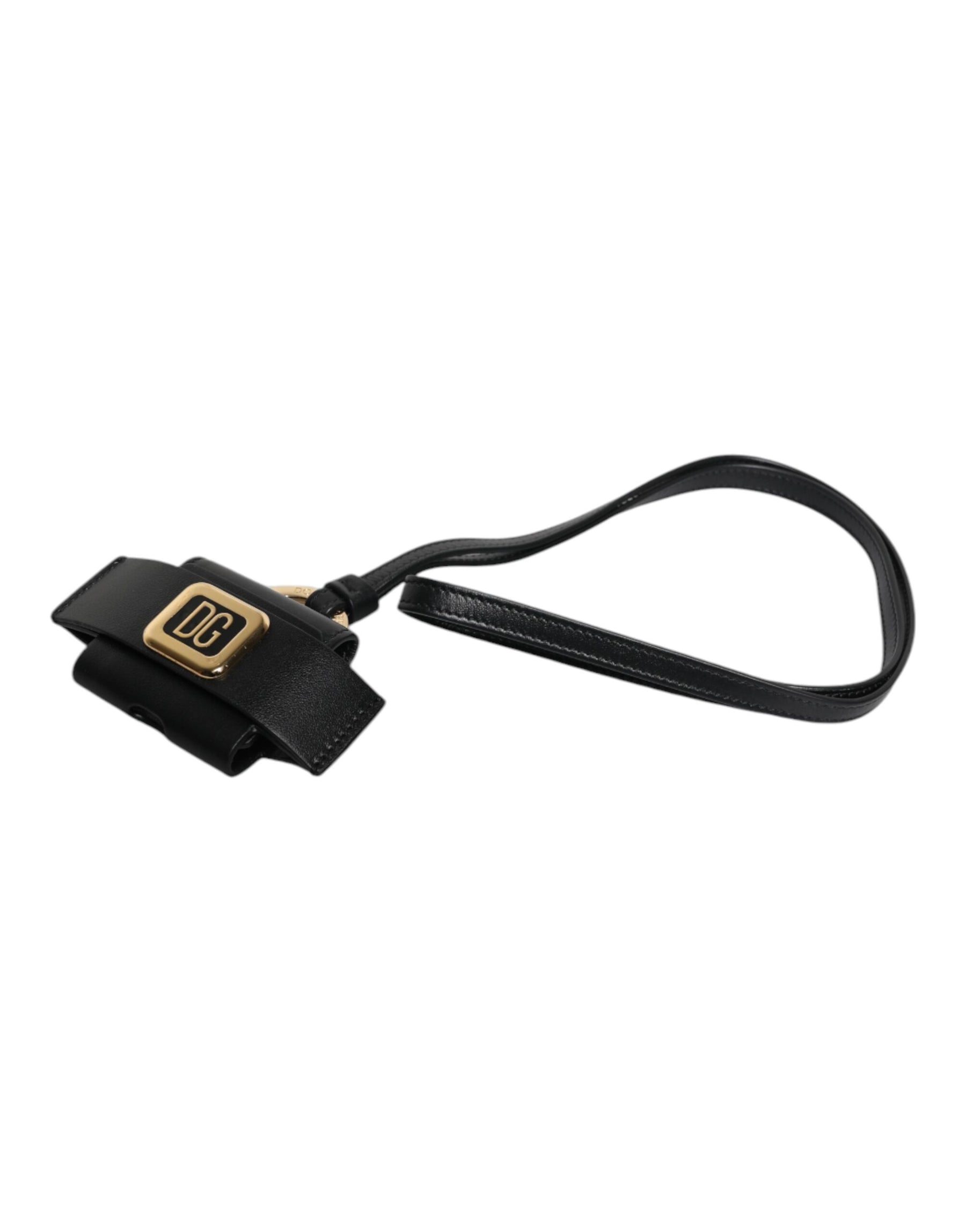 Dolce & Gabbana Black Leather Strap Gold Metal Logo Plaque Airpods Case | Regal Royce