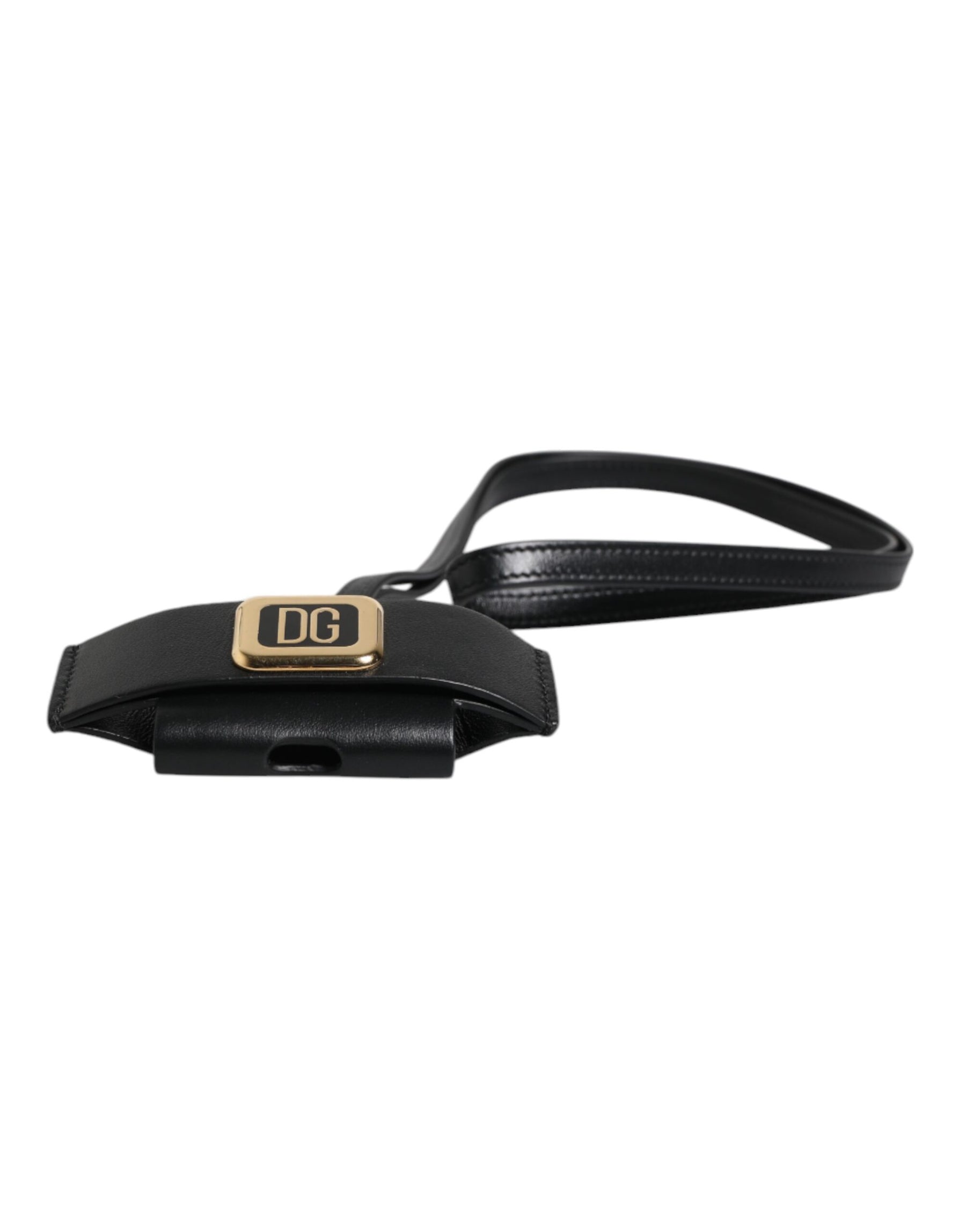 Dolce & Gabbana Black Leather Strap Gold Metal Logo Plaque Airpods Case | Regal Royce