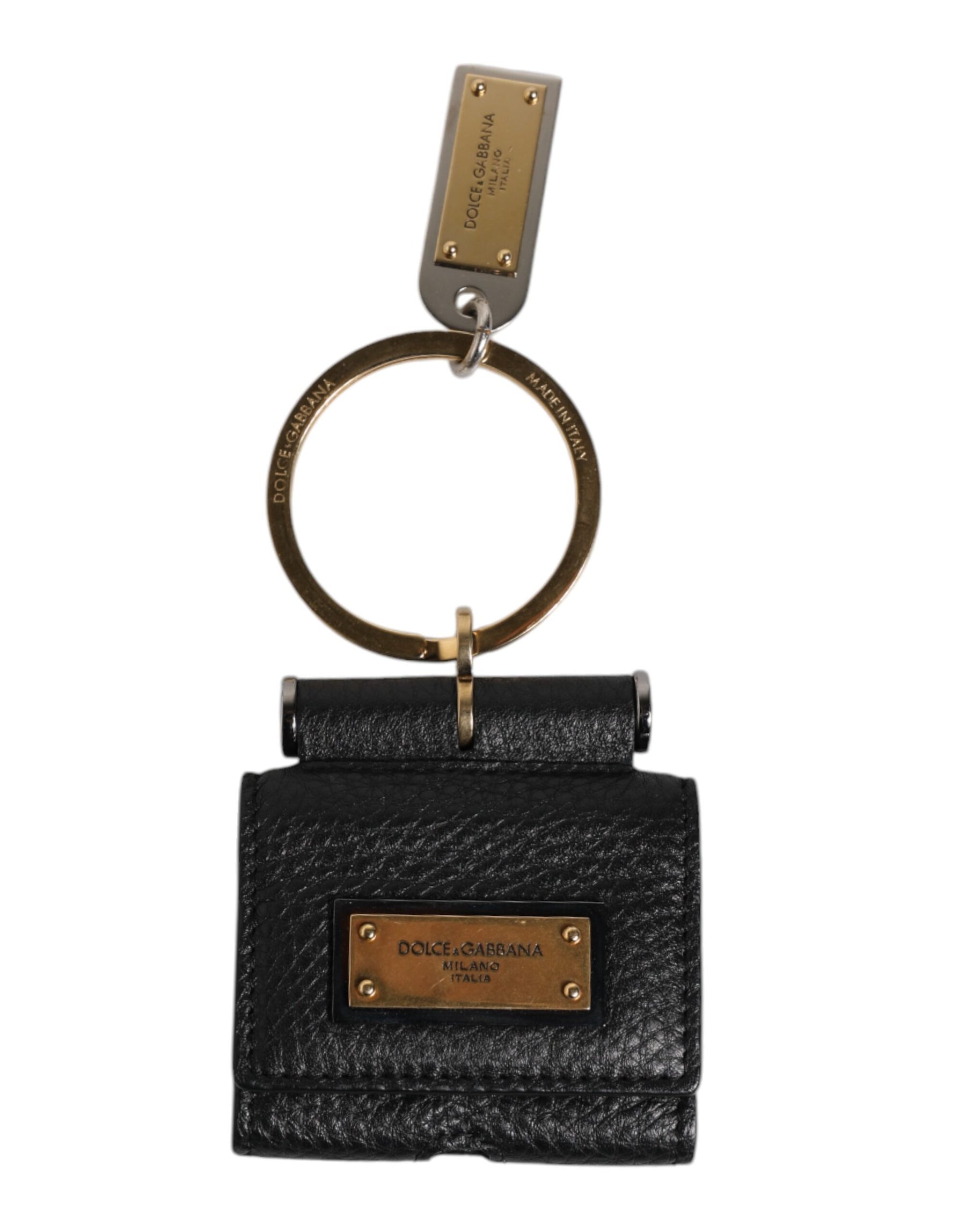 Dolce & Gabbana Black Leather Strap Gold Metal Logo Plaque Airpods Case | Regal Royce