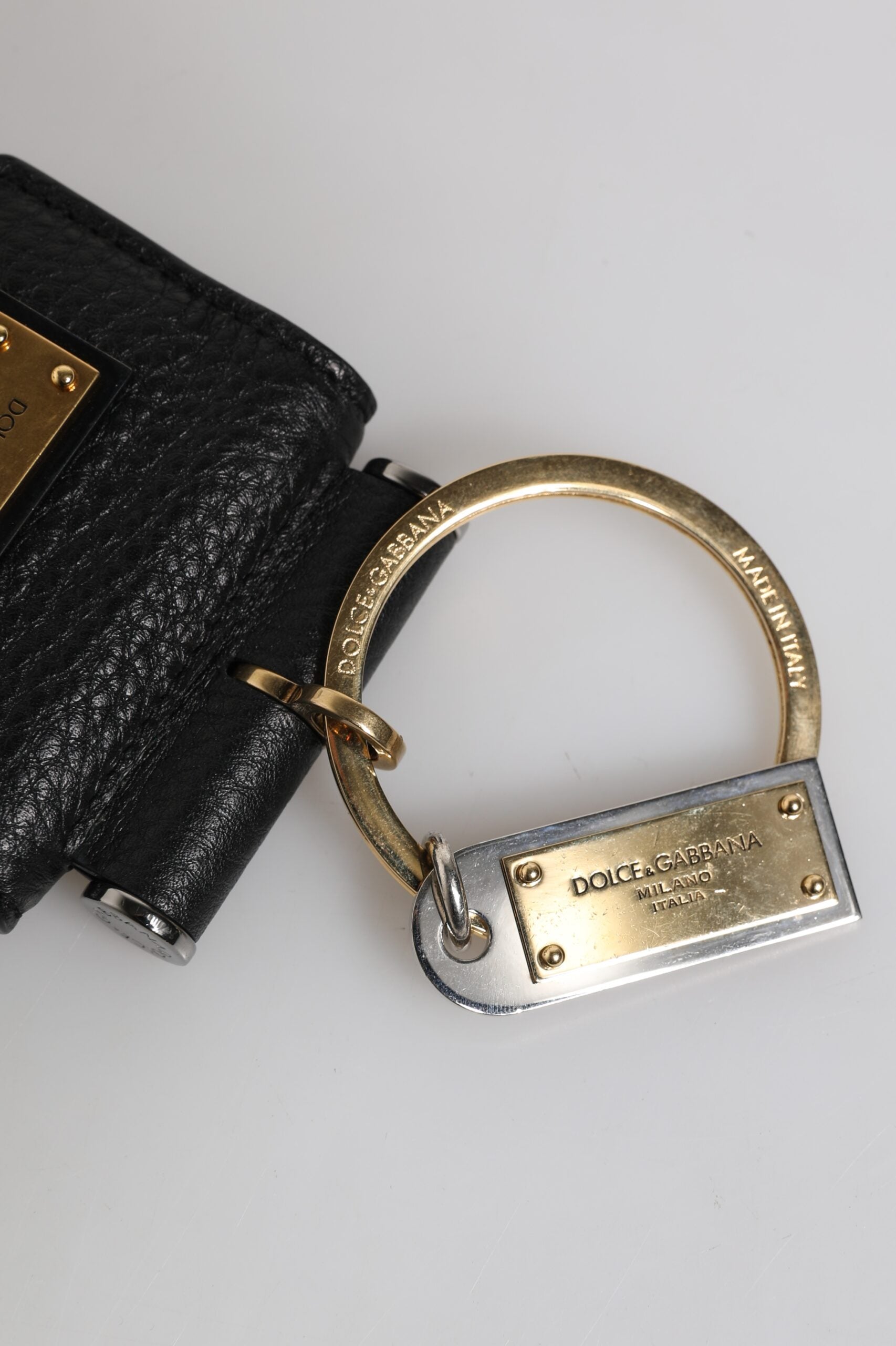 Dolce & Gabbana Black Leather Strap Gold Metal Logo Plaque Airpods Case | Regal Royce