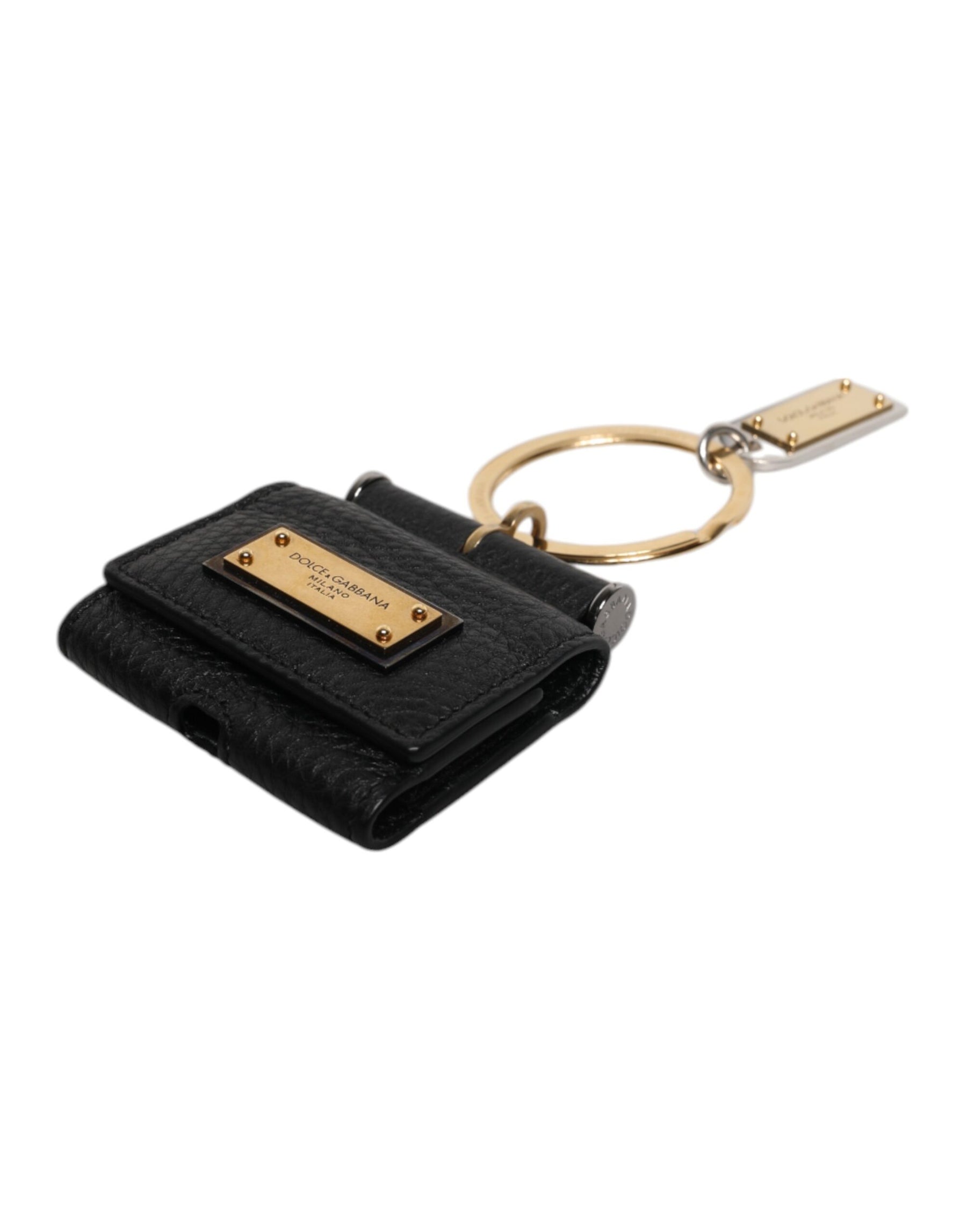 Dolce & Gabbana Black Leather Strap Gold Metal Logo Plaque Airpods Case | Regal Royce