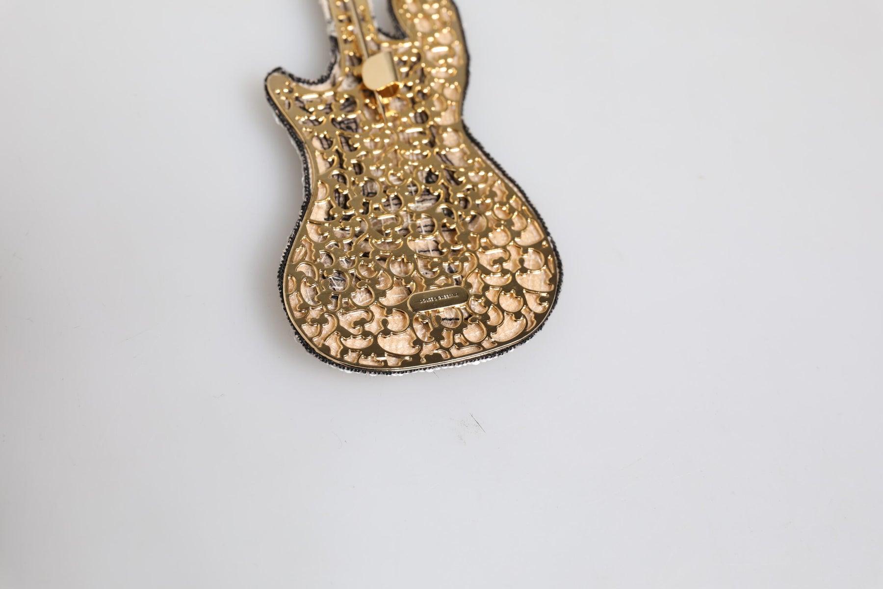Dolce & Gabbana Gold Brass Logo Beaded Guitar Pin Brooch | Regal Royce