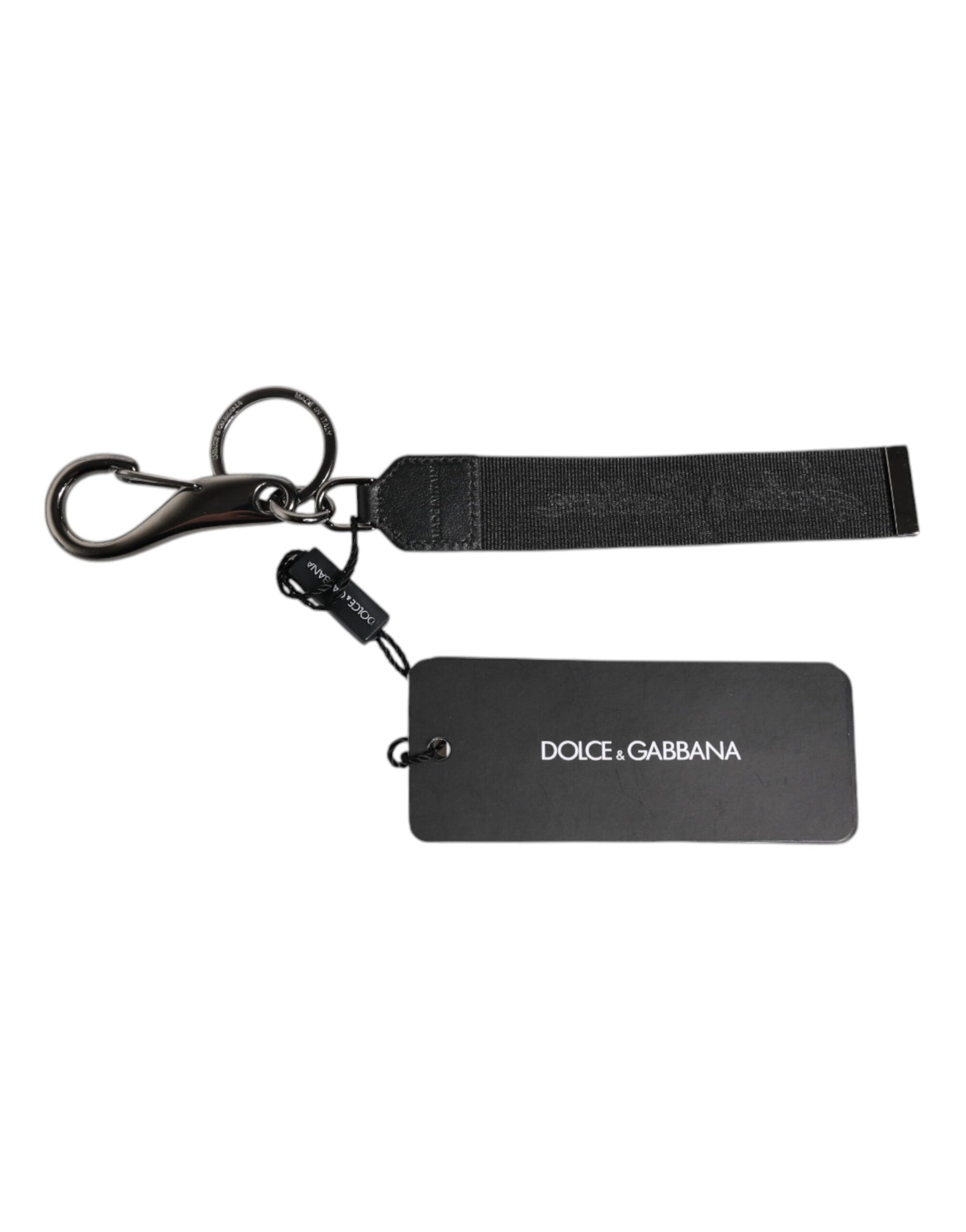 Dolce & Gabbana Black Logo Nylon Silver Brass Men Holder Keychain Keyring | Regal Royce