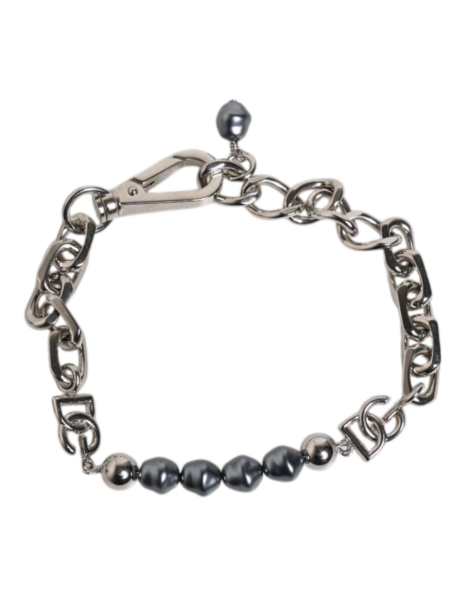 Dolce & Gabbana Silver Tone Chain Lobster Clasp Logo Gray Pearls Bracelet | Regal Royce