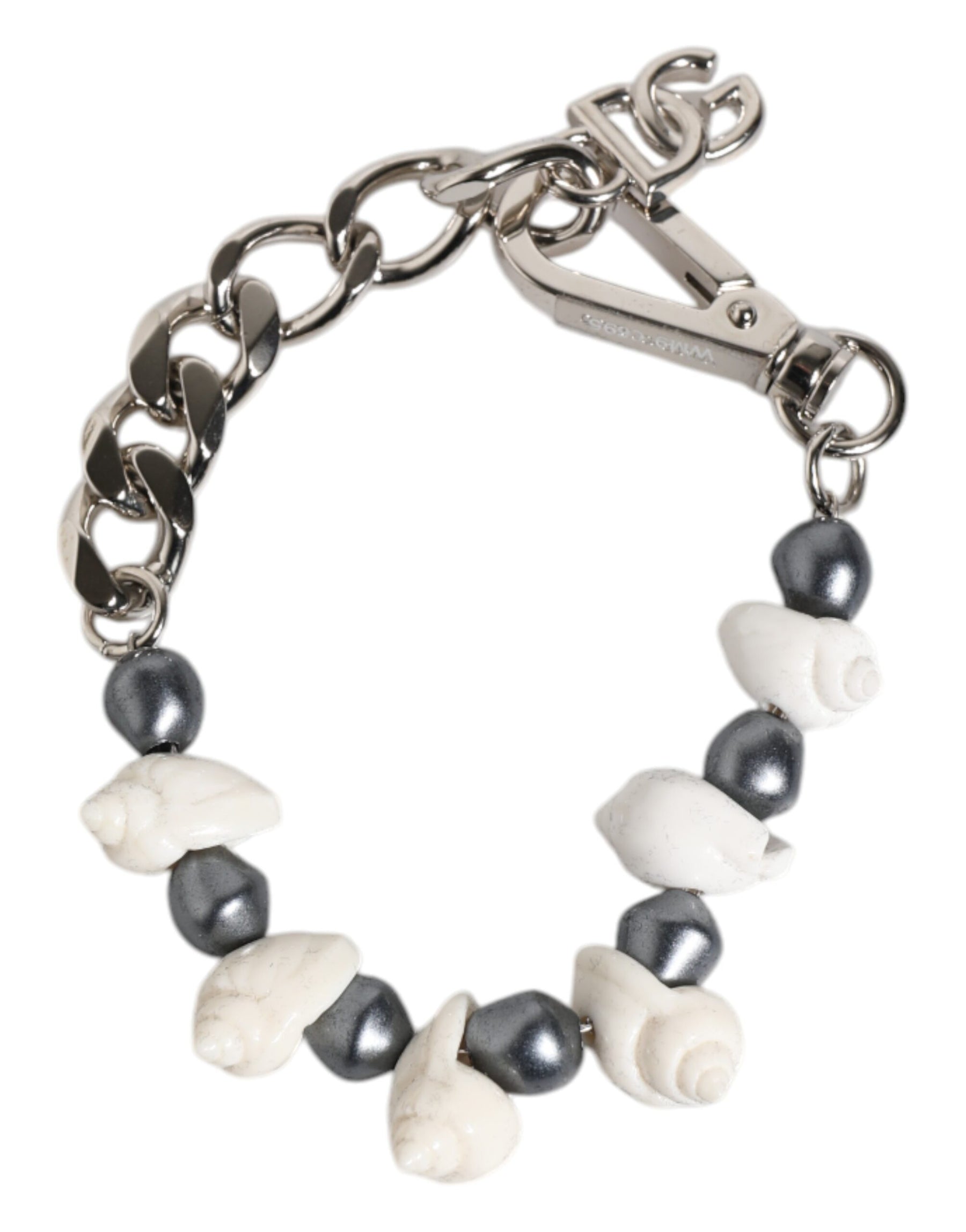 Dolce & Gabbana Silver Tone Brass Beaded Shell DG Logo Pendant Bracelet | Regal Royce