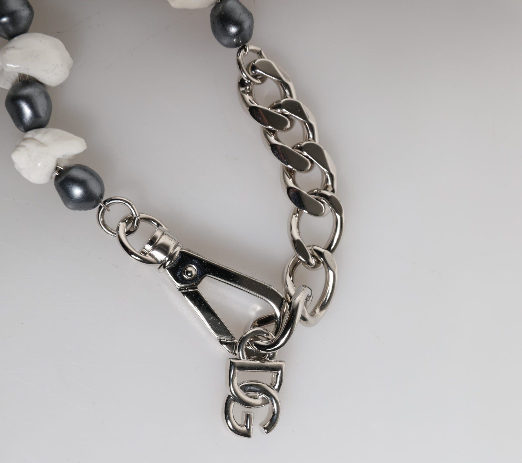 Dolce & Gabbana Silver Tone Brass Beaded Shell DG Logo Pendant Bracelet | Regal Royce