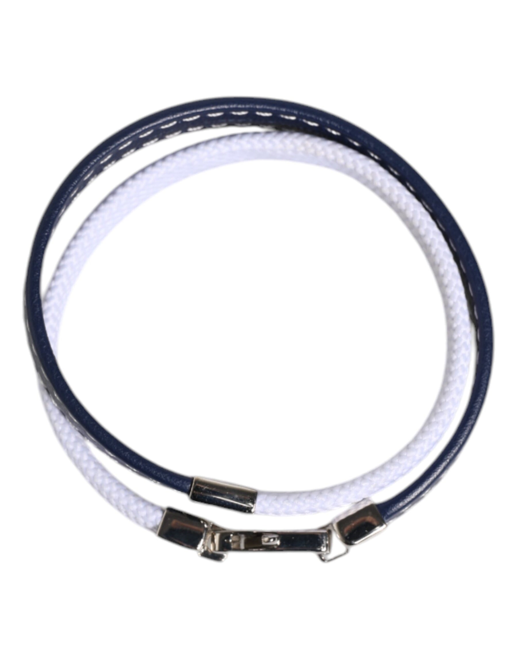 Dolce & Gabbana Blue White Leather Trimmed DG Engraved Silver Tone Clasp Bracelet | Regal Royce